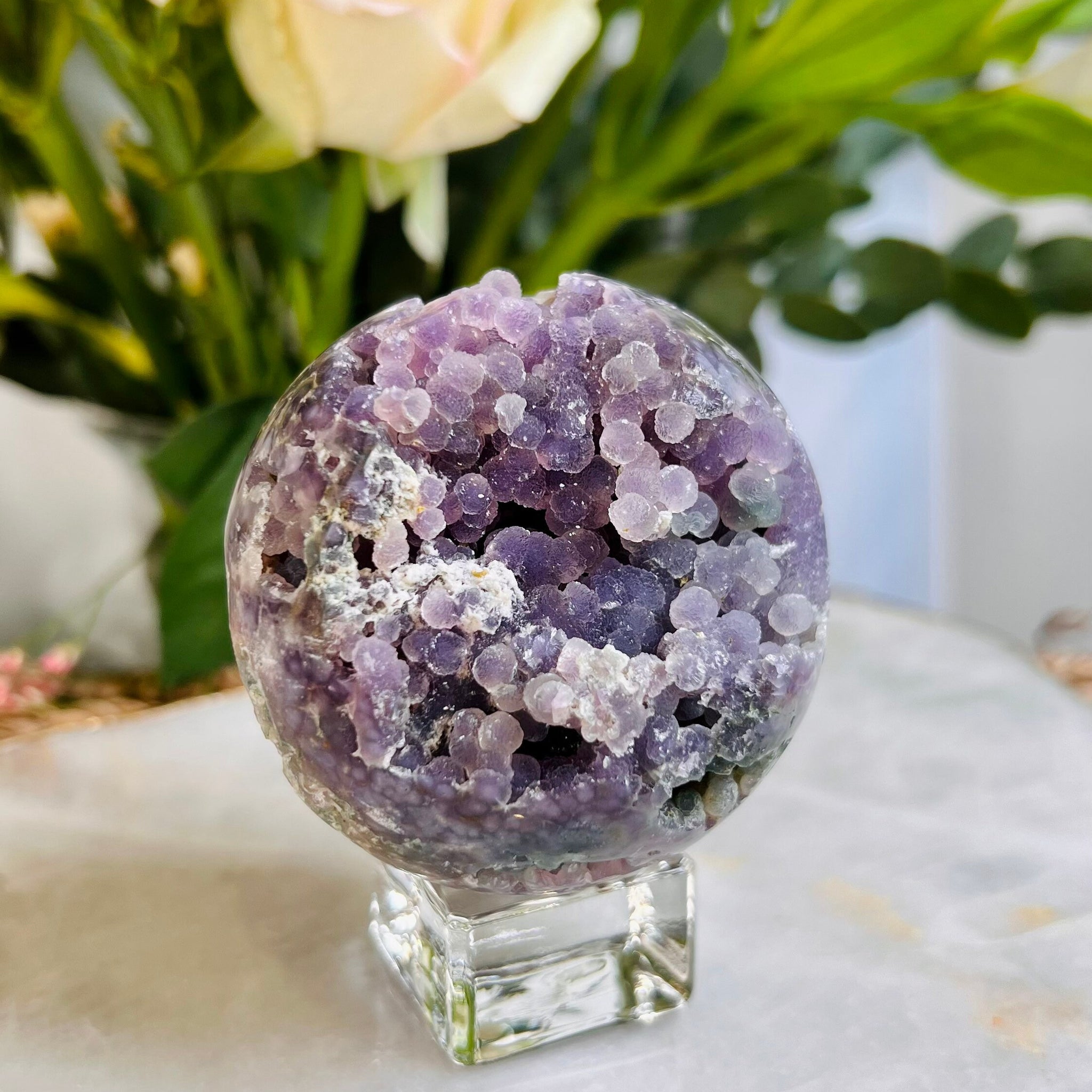 Grade AAA+ Natural Grape Agate  Sphere on Stand from Indonesia, 324g Natural Velvet Sugar Shine Bubbles, Healing Crystal Home Decor