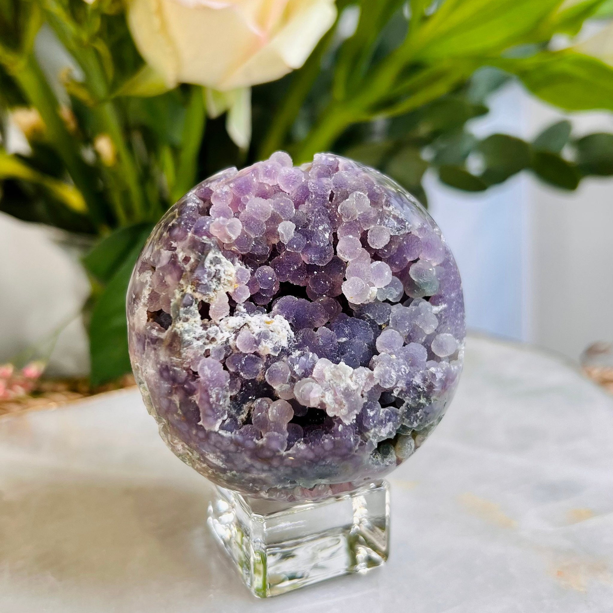 Grade AAA+ Natural Grape Agate  Sphere on Stand from Indonesia, 324g Natural Velvet Sugar Shine Bubbles, Healing Crystal Home Decor