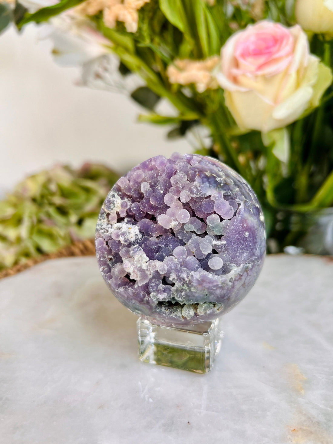 Grade AAA+ Natural Grape Agate  Sphere on Stand from Indonesia, 324g Natural Velvet Sugar Shine Bubbles, Healing Crystal Home Decor