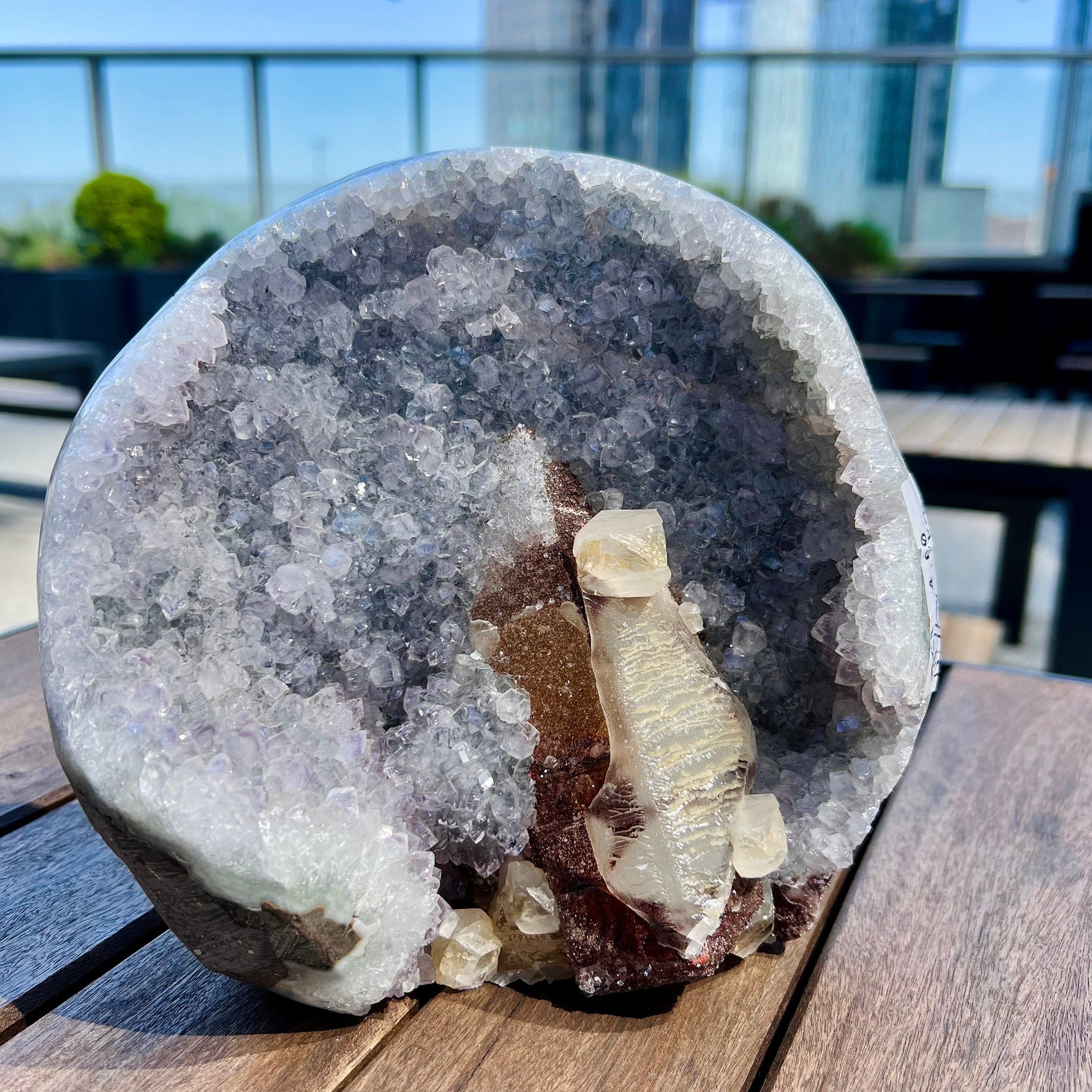 Grade AAA Rainbow Amethyst Geode with Large Sugar Calcite and Iron Inclusion, unique blue-ish undertone 4.6kg