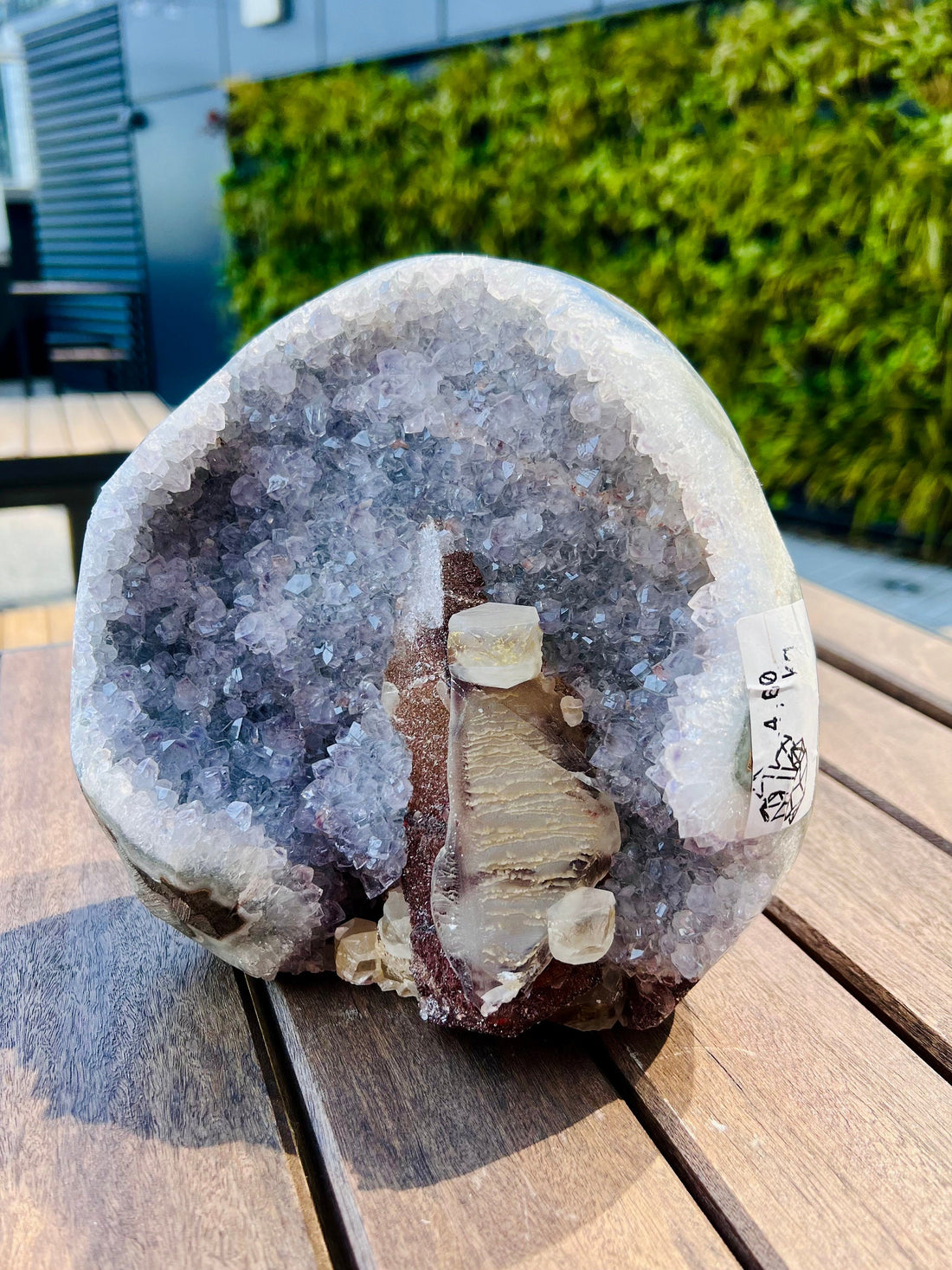 Grade AAA Rainbow Amethyst Geode with Large Sugar Calcite and Iron Inclusion, unique blue-ish undertone 4.6kg