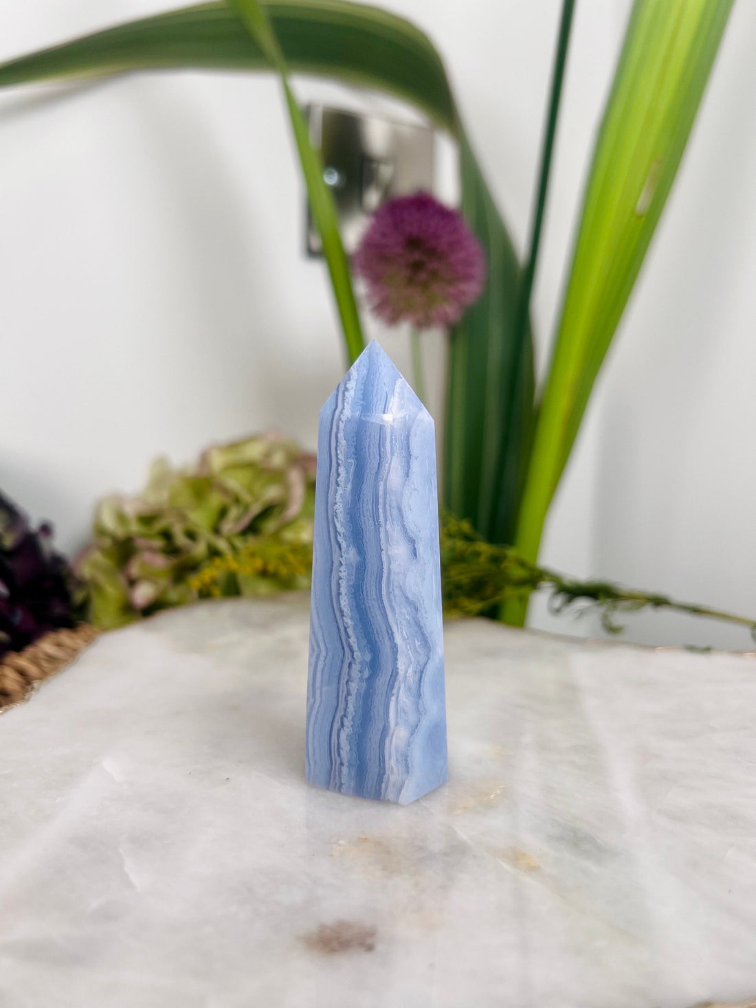 Grade AAA Natural Blue Lace Agate Tower from Namibia, Healing Crystal Home Decor 91g, Banded Chalcedony, Heart & Throat Chakra, BLA05