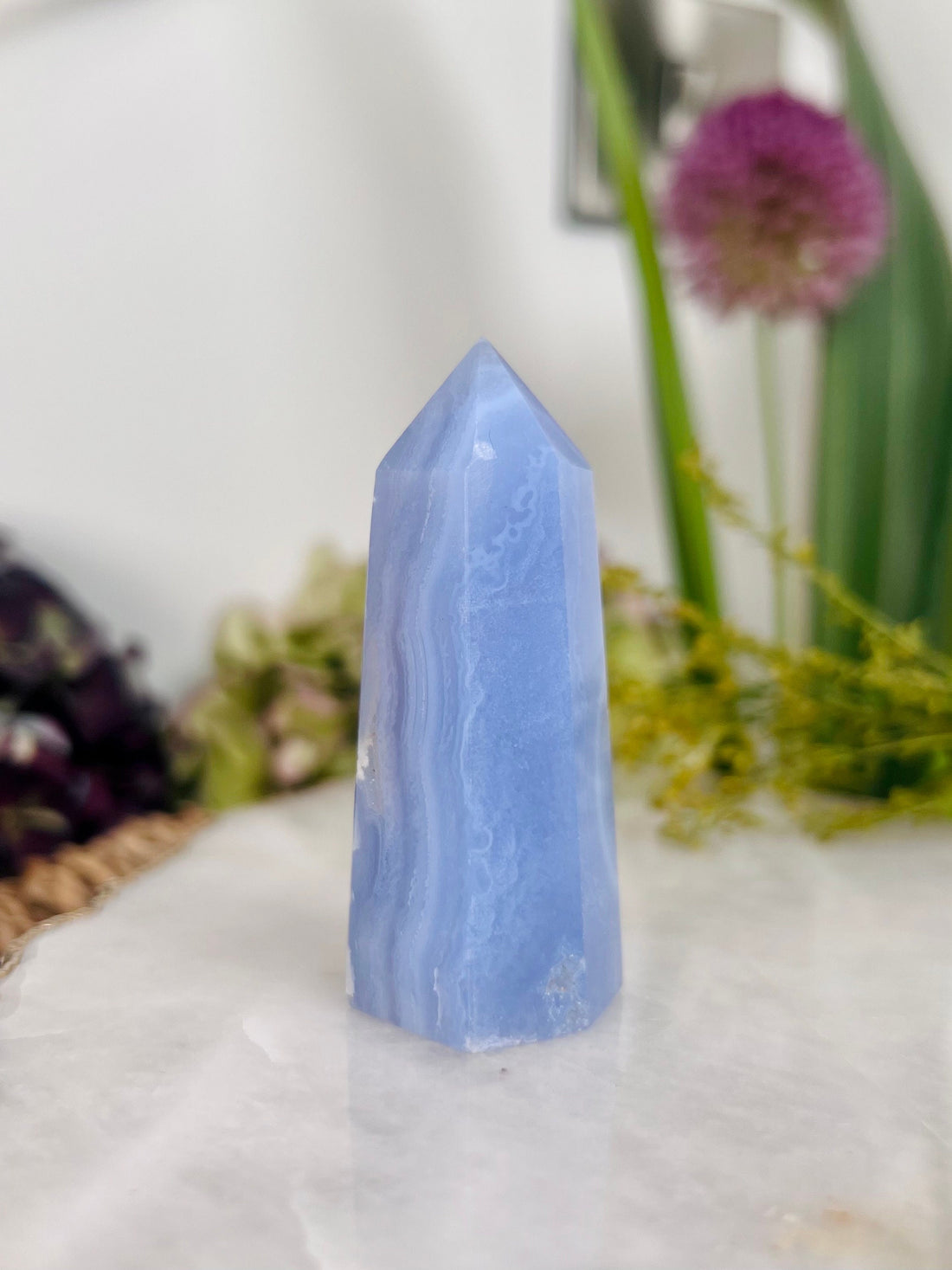 Grade AAA Natural Blue Lace Agate Tower from Namibia, Healing Crystal Home Decor 66g, Banded Chalcedony, Heart & Throat Chakra BLA09