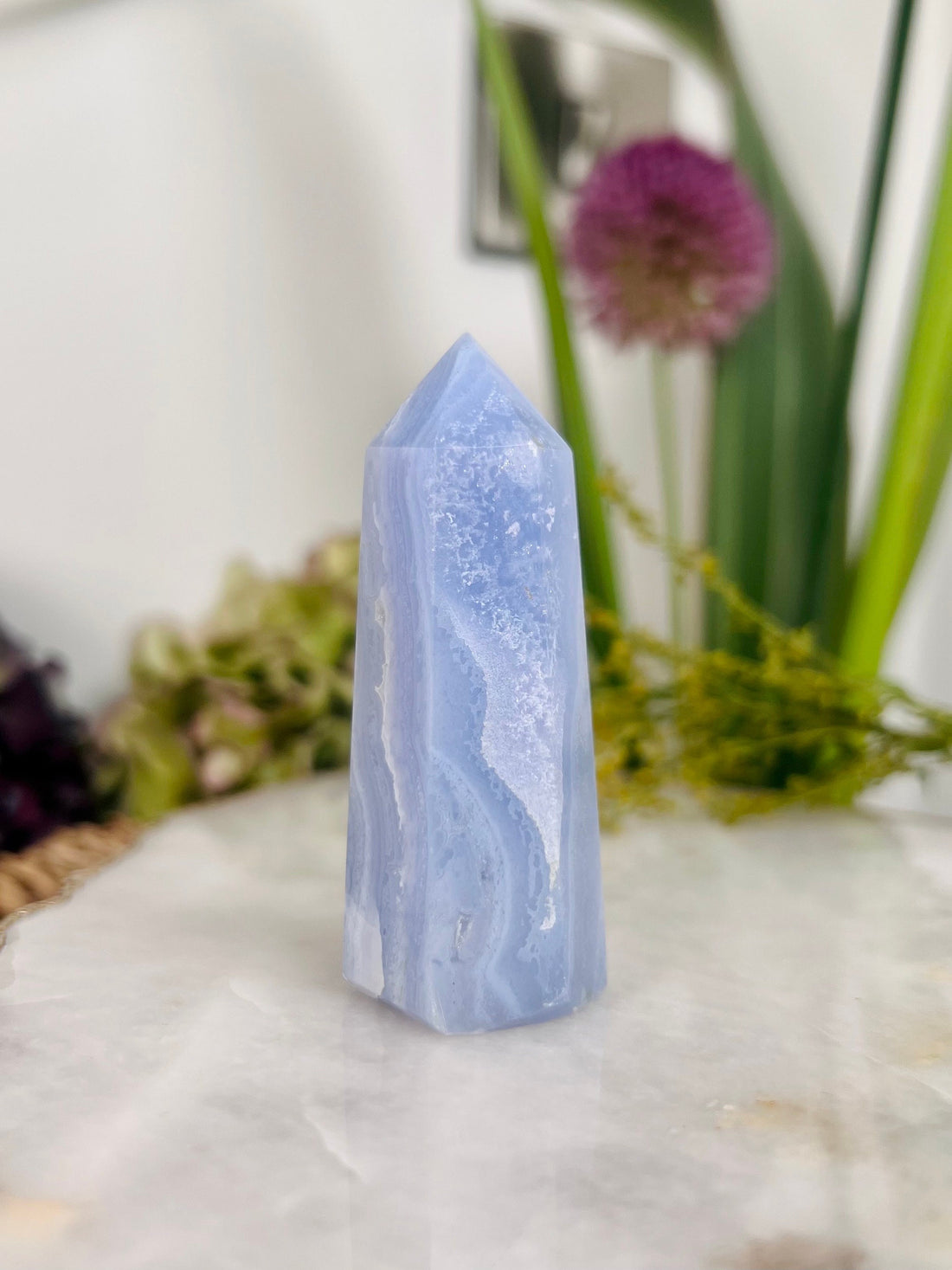 Grade AAA Natural Blue Lace Agate Tower from Namibia, Healing Crystal Home Decor 66g, Banded Chalcedony, Heart & Throat Chakra BLA10