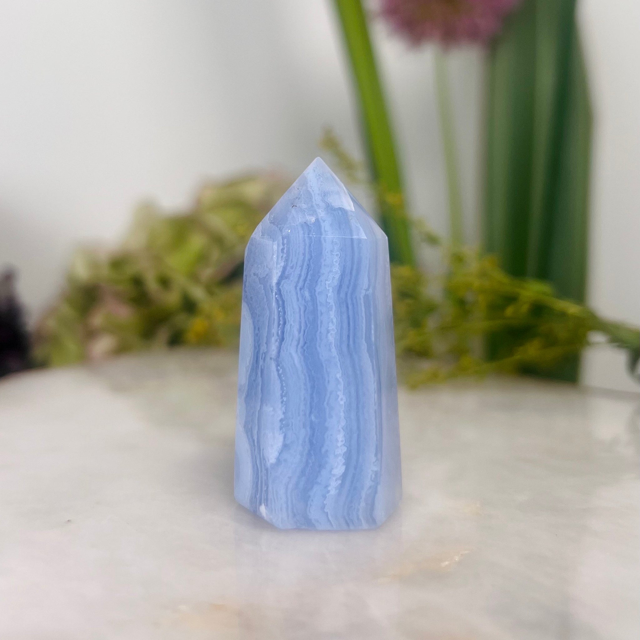 Grade AAA Natural Blue Lace Agate Tower from Namibia, Healing Crystal Home Decor 37g, Banded Chalcedony, Heart & Throat Chakra, BLA12