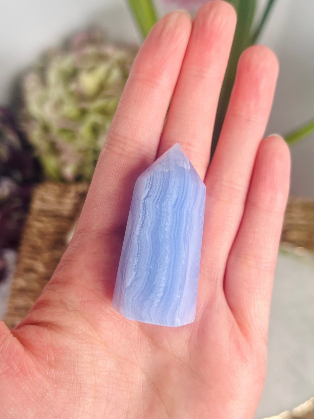 Grade AAA Natural Blue Lace Agate Tower from Namibia, Healing Crystal Home Decor 37g, Banded Chalcedony, Heart & Throat Chakra, BLA12