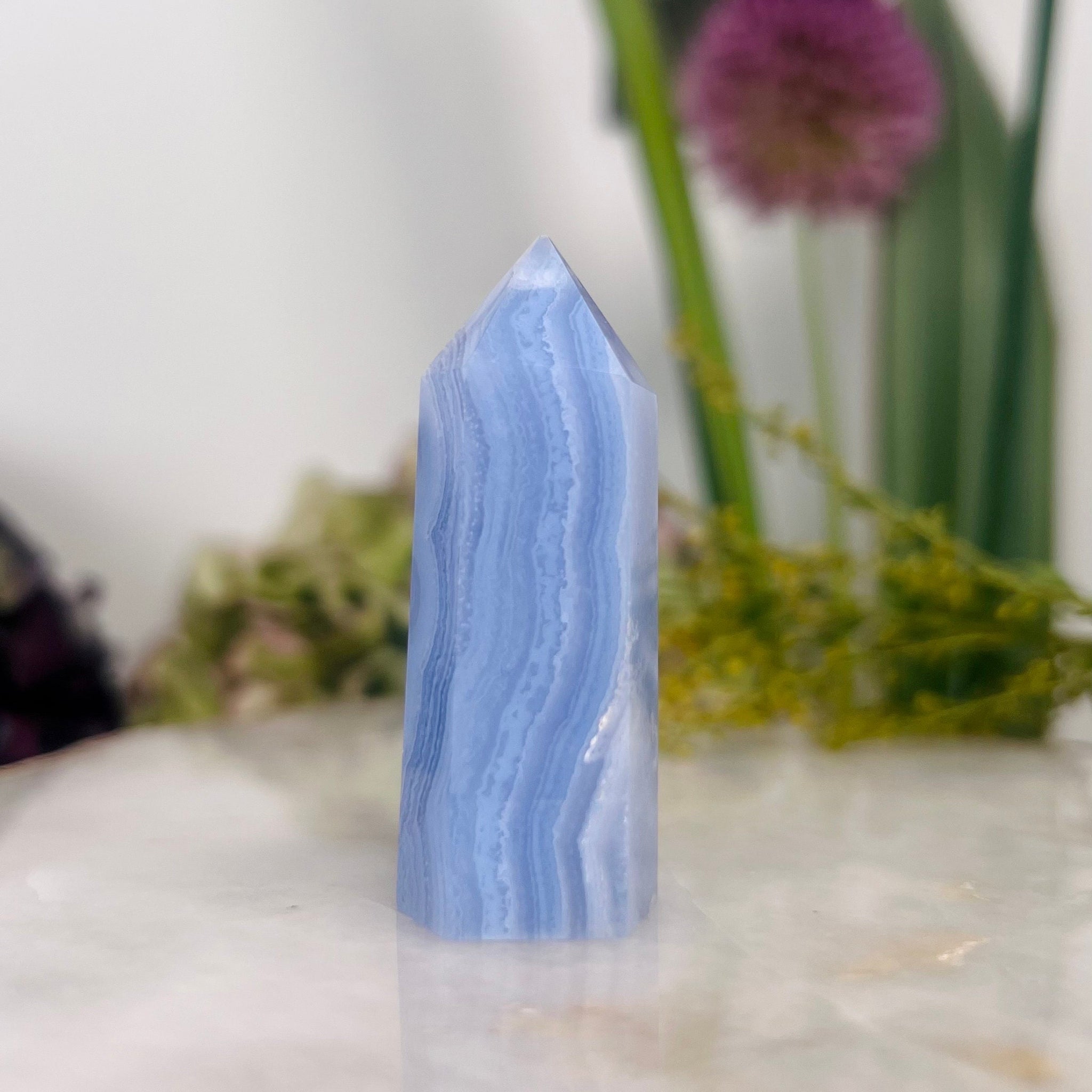 Grade AAA Natural Blue Lace Agate Tower from Namibia, Healing Crystal Home Decor 36g, Banded Chalcedony, Heart & Throat Chakra, BLA14