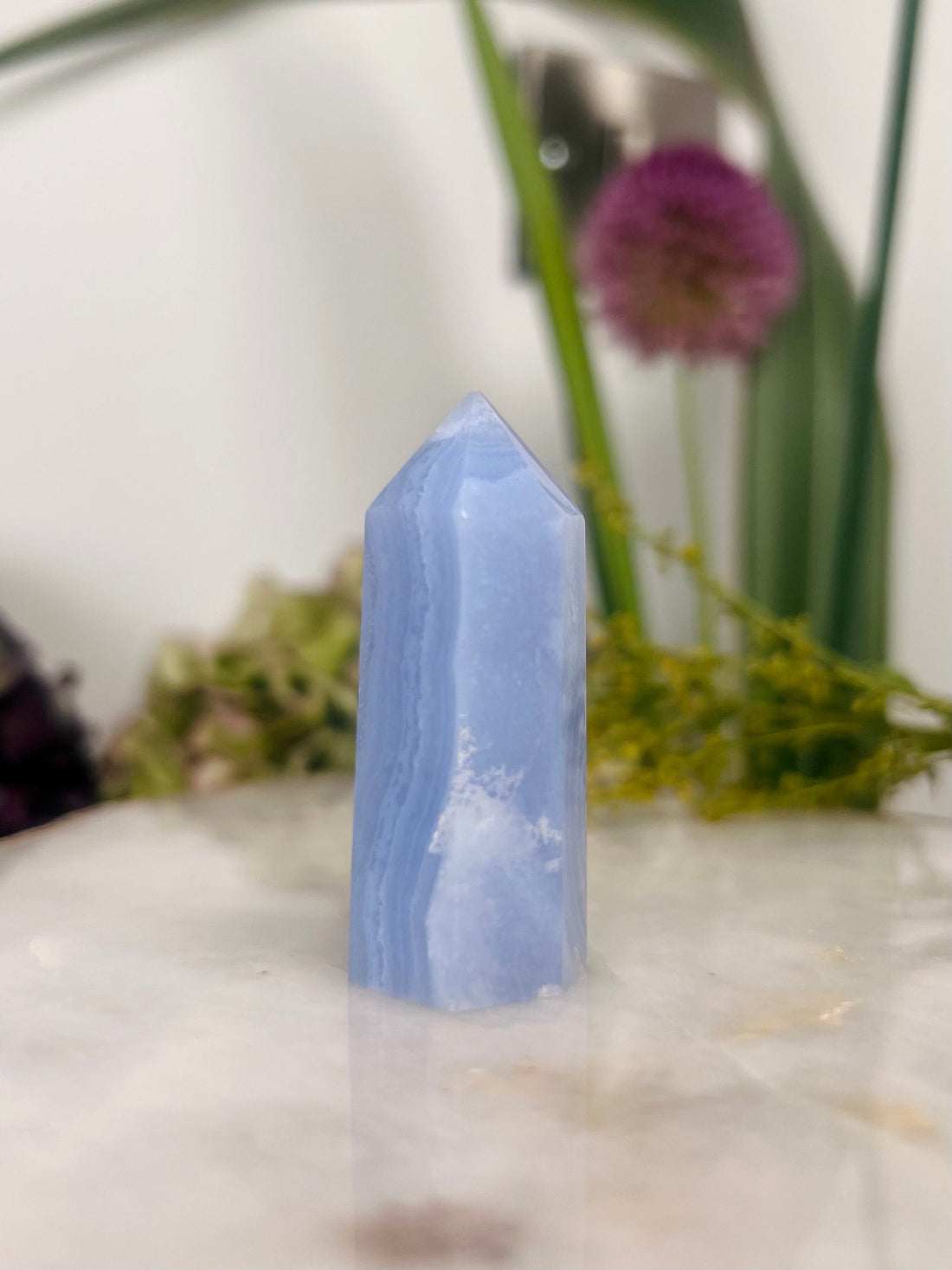 Grade AAA Natural Blue Lace Agate Tower from Namibia, Healing Crystal Home Decor 36g, Banded Chalcedony, Heart & Throat Chakra, BLA14