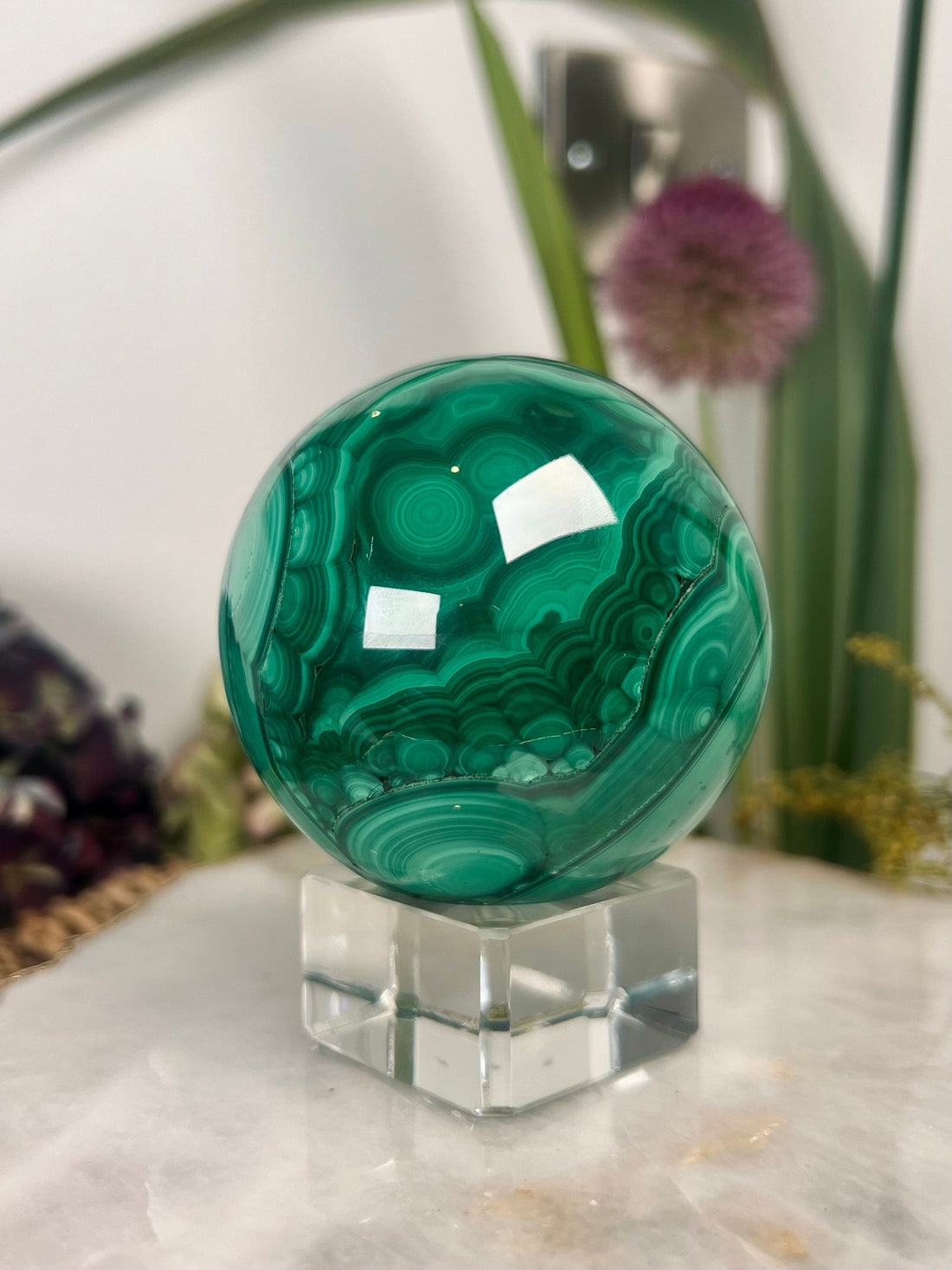 Grade AAA Natural  Malachite Sphere on Stand, Manifestation Crystal,Energy Clearing, Good Fortune, Stone for New Beginnings, 718g MS01