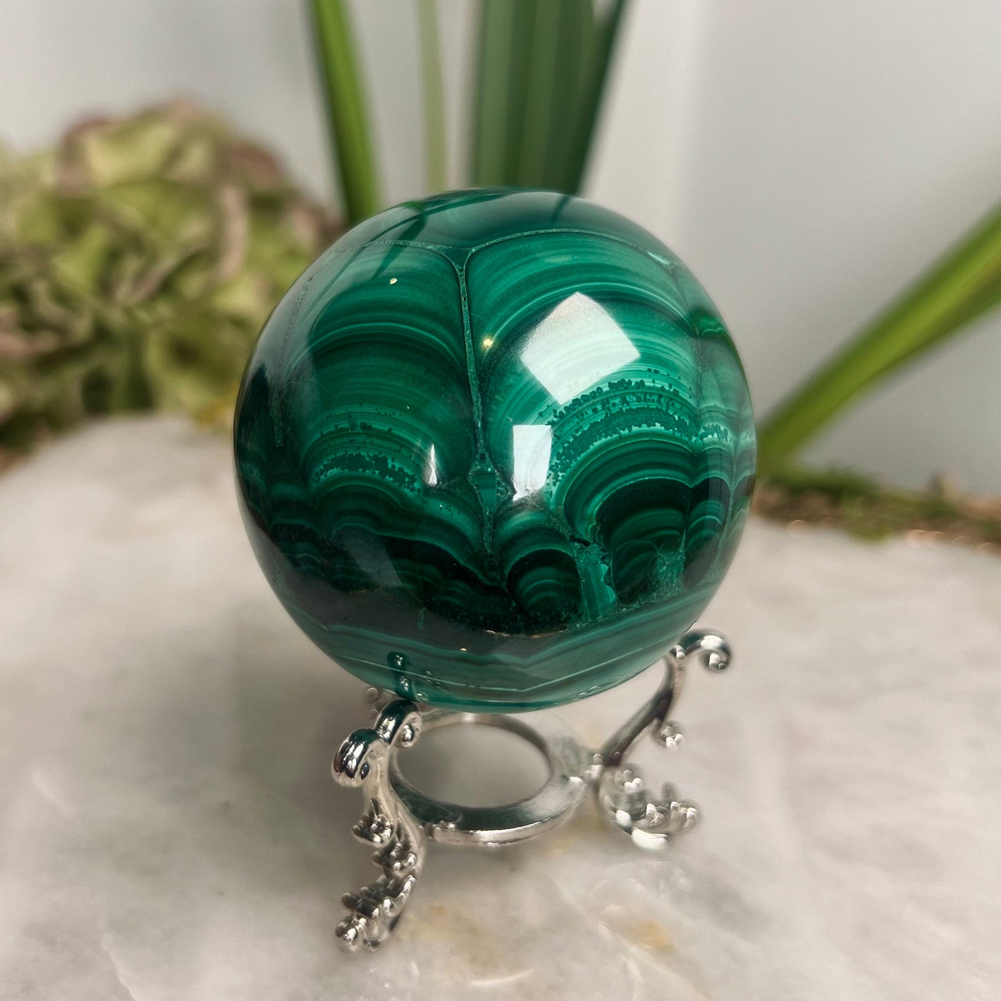 Grade AAA Natural  Malachite Sphere on Stand, Manifestation Crystal,Energy Clearing, Good Fortune, Stone for New Beginnings, 434g - MS05