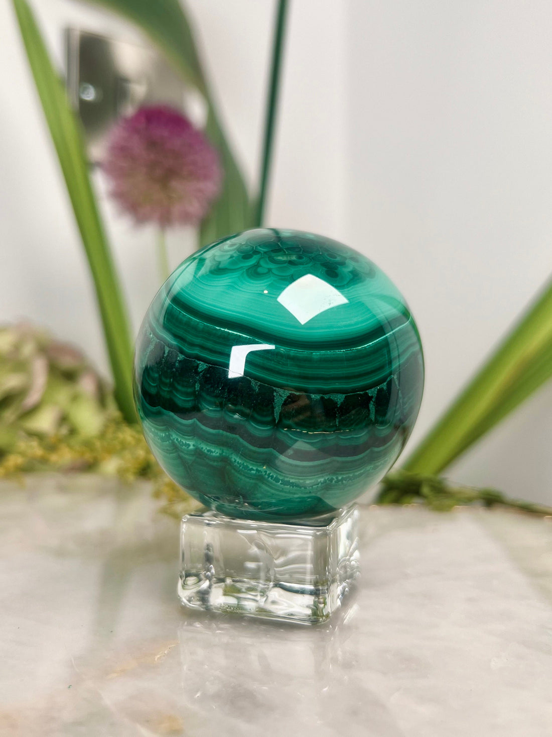 Grade AAA Natural  Malachite Sphere on Stand, Manifestation Crystal,Energy Clearing, Good Fortune, Stone for New Beginnings, 426g - MS06