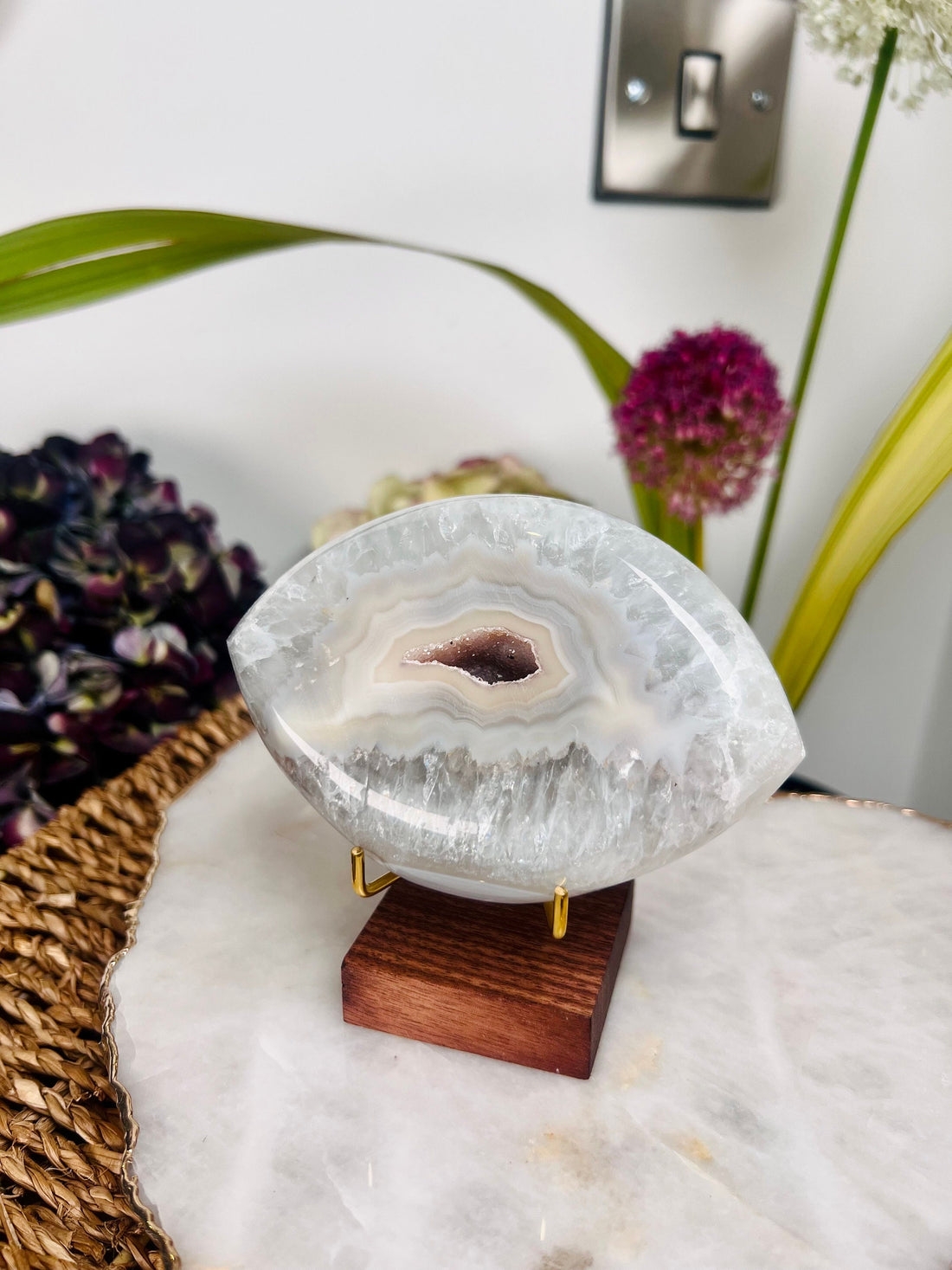 Grade AAA Brazilian Agate Quartz Eye with Druzy Geode on stand, Energy Protection, Third Eye Opening, Manifestation Crystal 379g