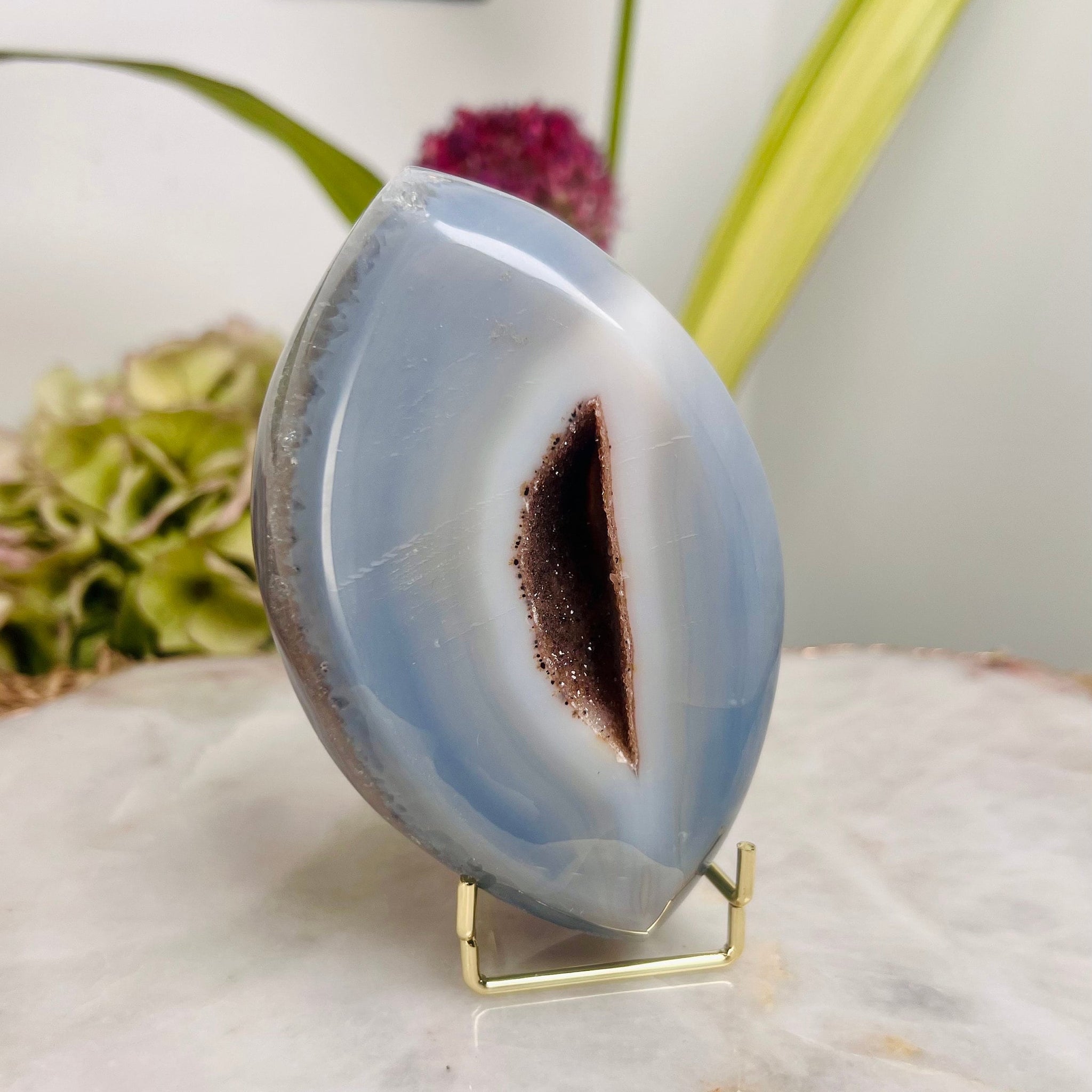 Grade AAA Brazilian Agate Quartz Eye with Druzy Geode on stand, Energy Protection, Third Eye Opening, Manifestation Crystal 364g