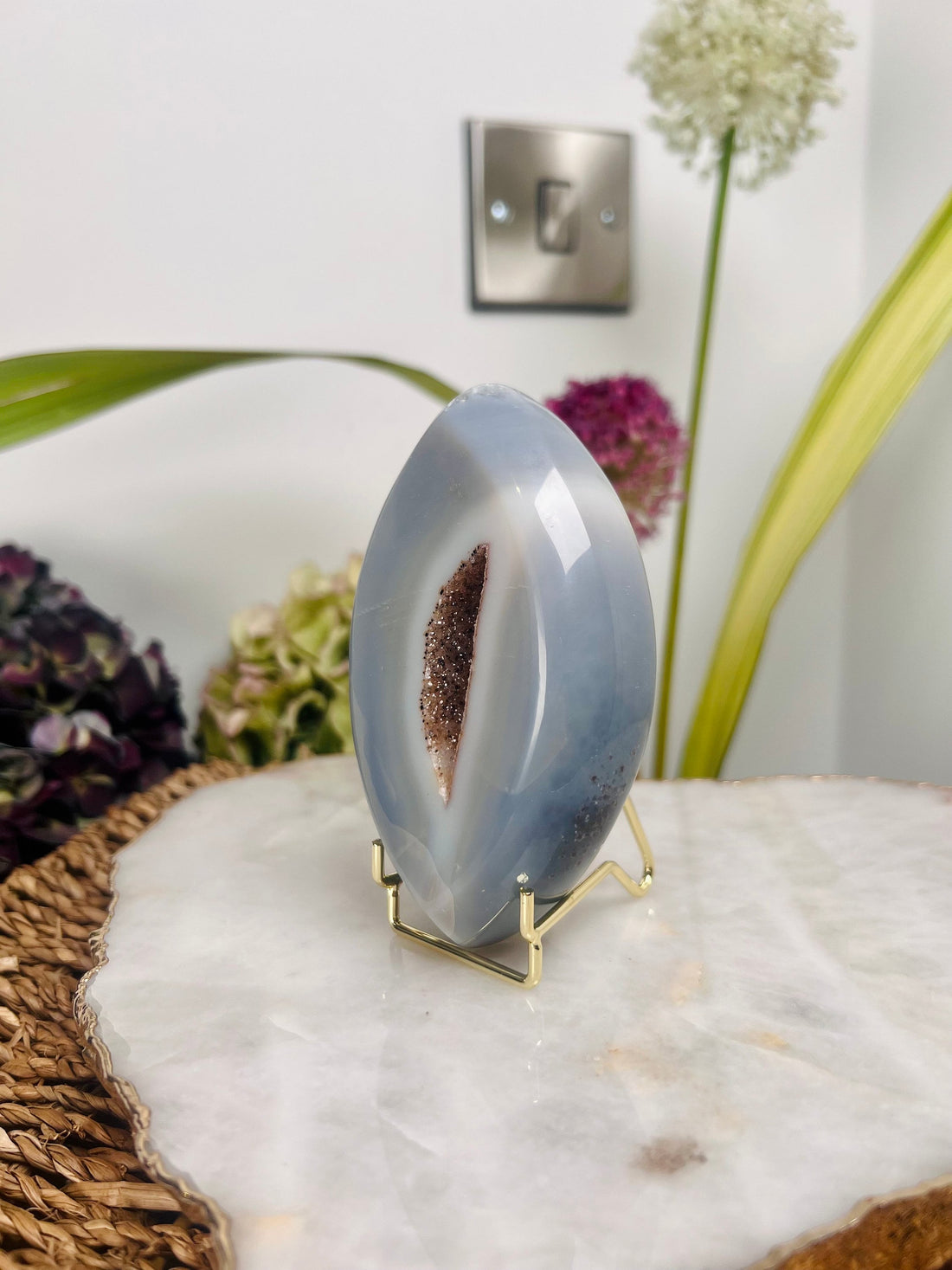 Grade AAA Brazilian Agate Quartz Eye with Druzy Geode on stand, Energy Protection, Third Eye Opening, Manifestation Crystal 364g