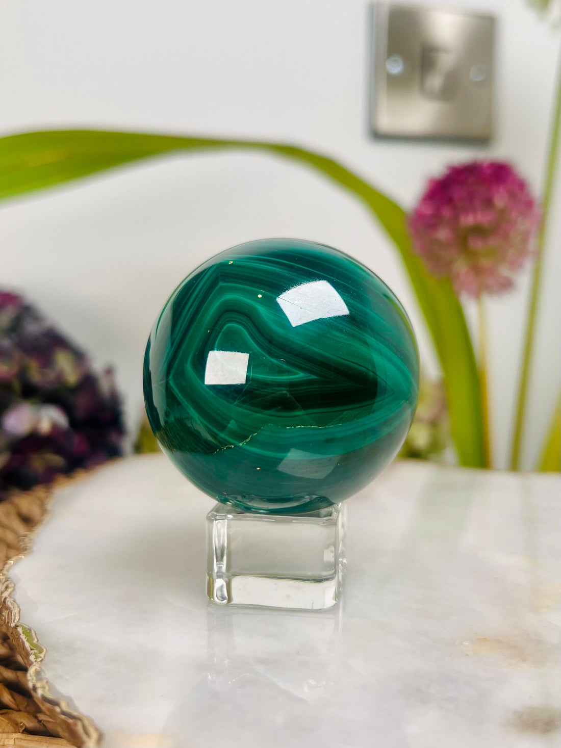 Grade AAA Natural  Malachite Sphere on Stand, Manifestation Crystal,Energy Clearing, Good Fortune, Stone for New Beginnings, 333g - MS10
