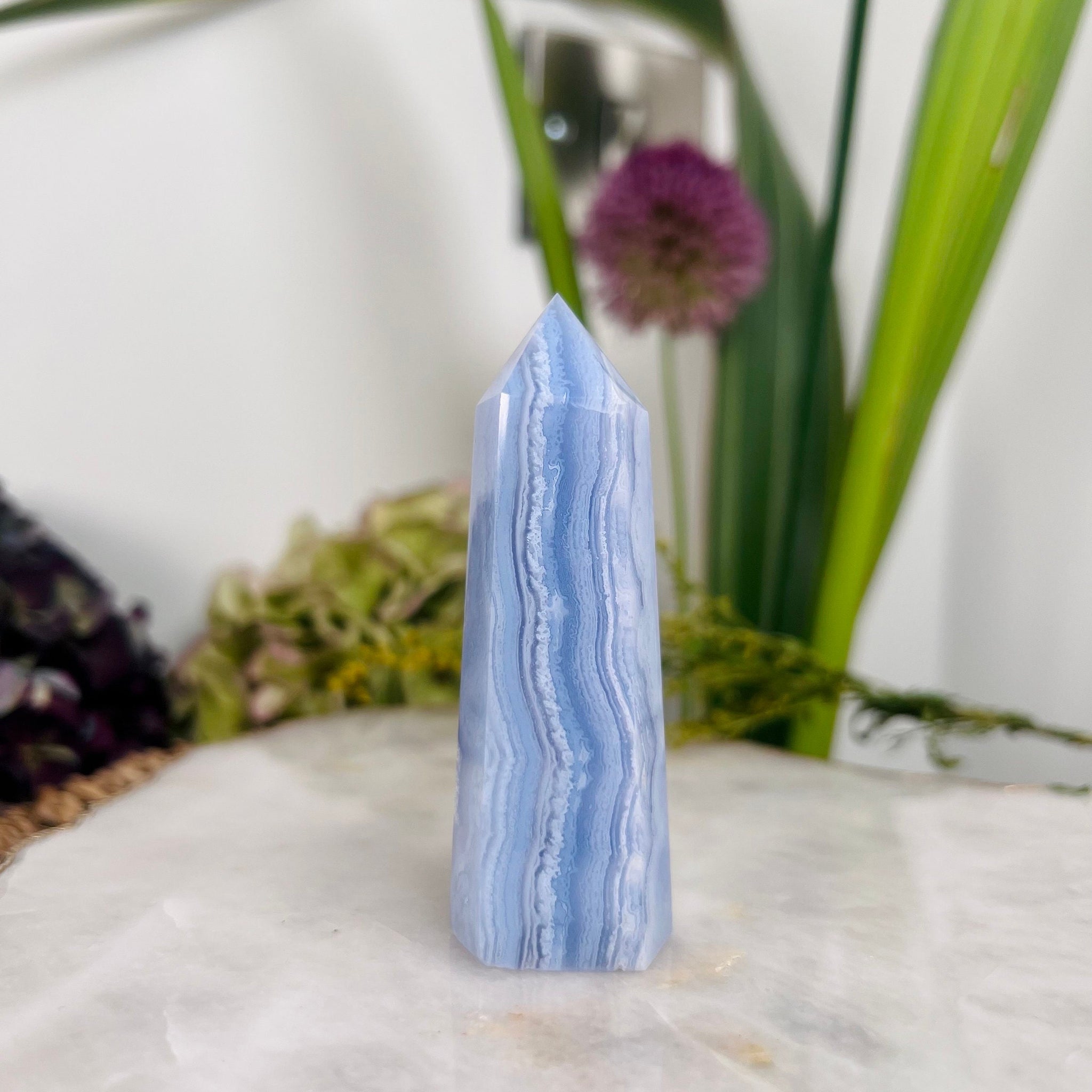 Grade AAA Natural Blue Lace Agate Tower from Namibia, Healing Crystal Home Decor 91g, Banded Chalcedony, Heart & Throat Chakra, BLA05