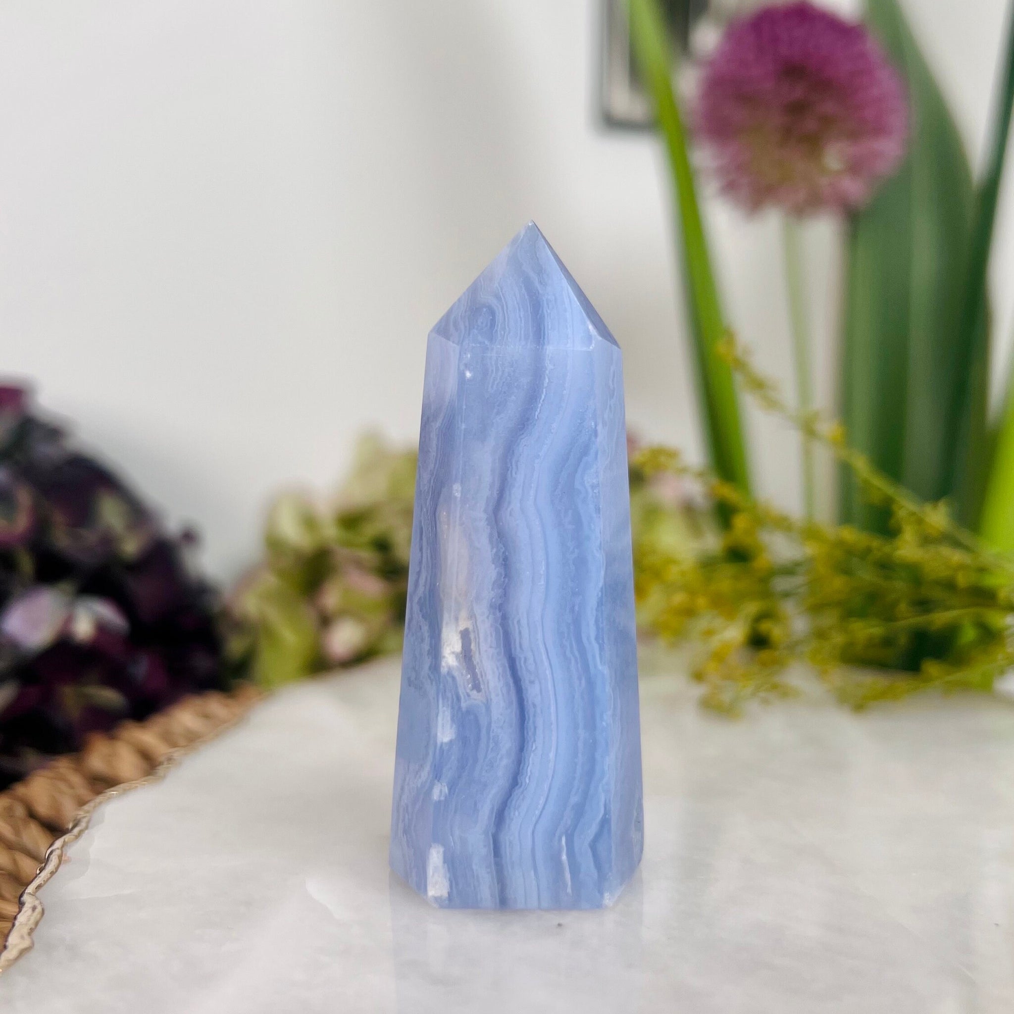 Grade AAA Natural Blue Lace Agate Tower from Namibia, Healing Crystal Home Decor 66g, Banded Chalcedony, Heart & Throat Chakra BLA09