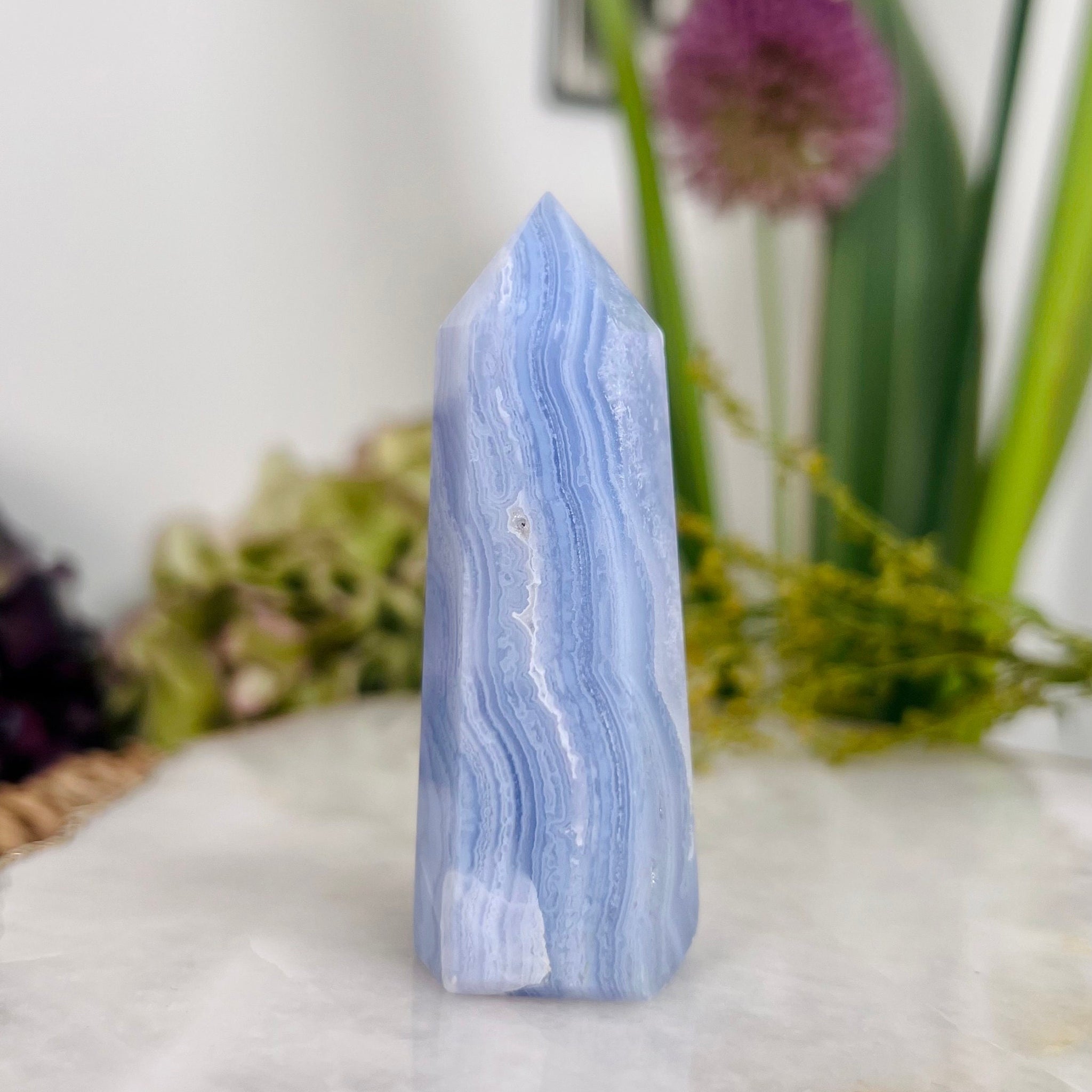 Grade AAA Natural Blue Lace Agate Tower from Namibia, Healing Crystal Home Decor 66g, Banded Chalcedony, Heart & Throat Chakra BLA10
