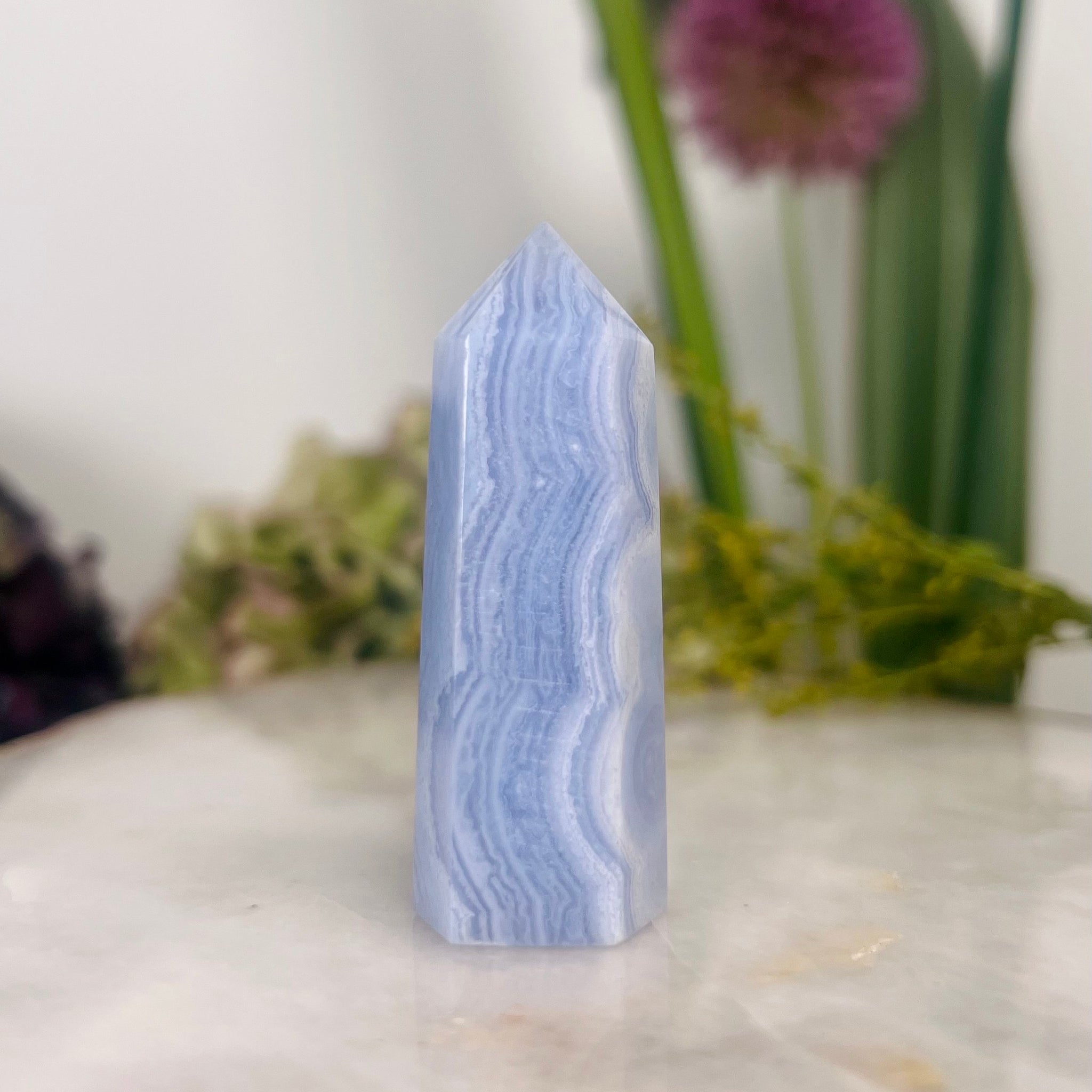 Grade AAA Natural Blue Lace Agate Tower from Namibia, Healing Crystal Home Decor 35g, Banded Chalcedony, Heart & Throat Chakra, BLA13