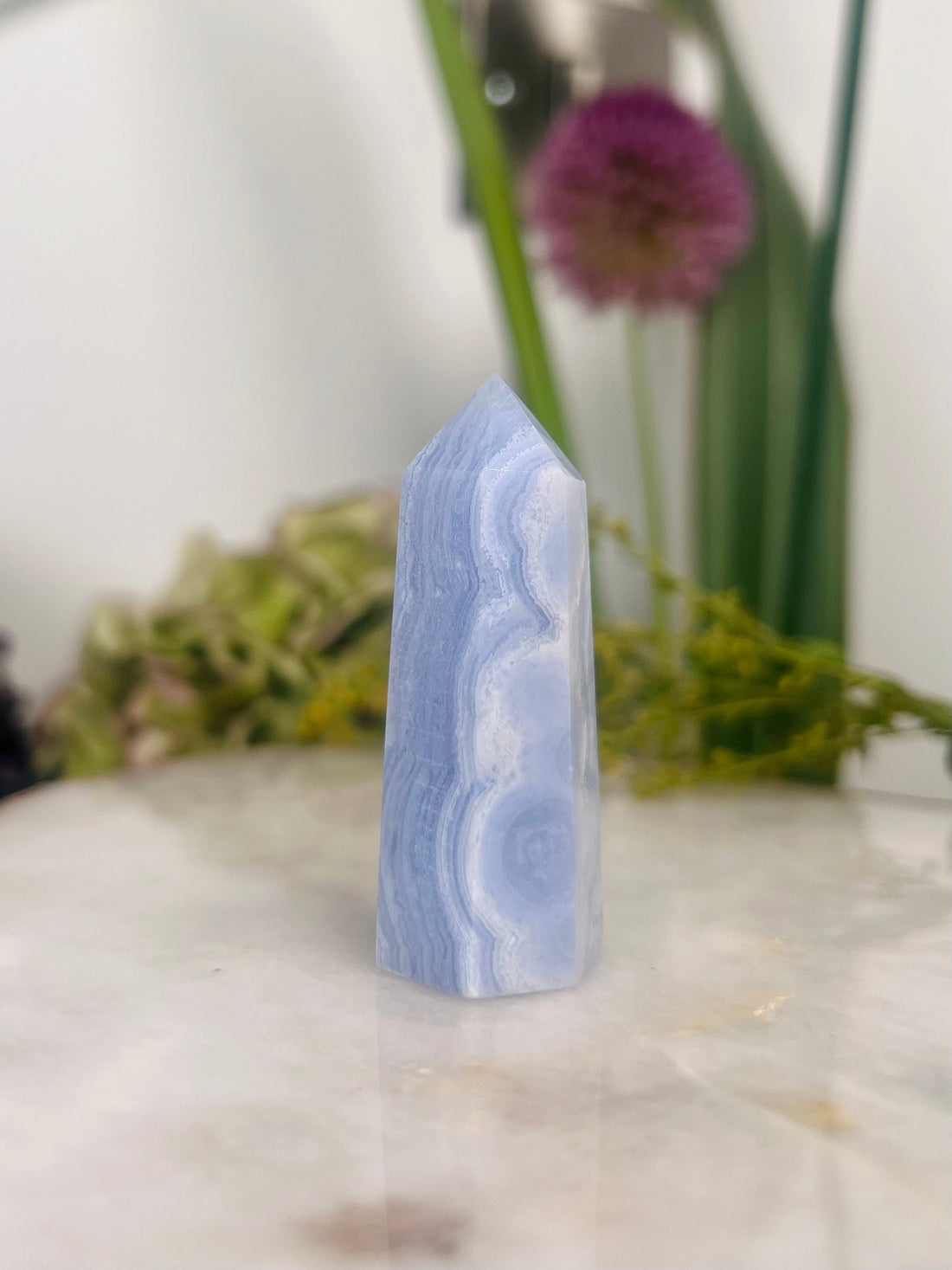 Grade AAA Natural Blue Lace Agate Tower from Namibia, Healing Crystal Home Decor 35g, Banded Chalcedony, Heart & Throat Chakra, BLA13