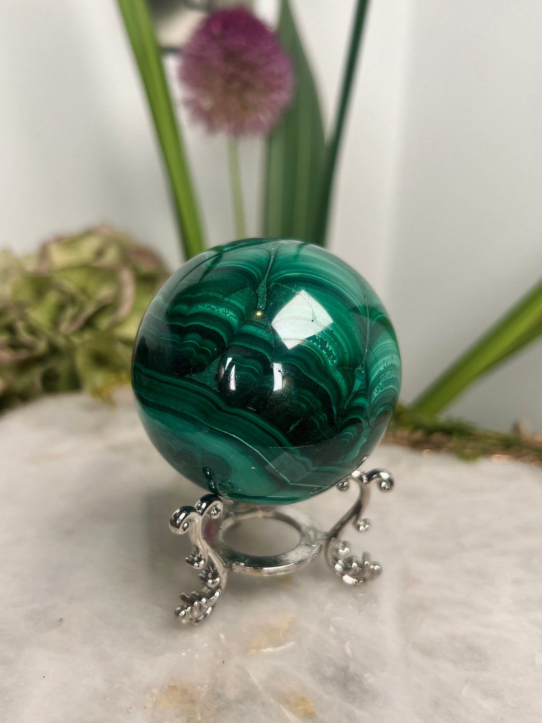 Grade AAA Natural  Malachite Sphere on Stand, Manifestation Crystal,Energy Clearing, Good Fortune, Stone for New Beginnings, 434g - MS05