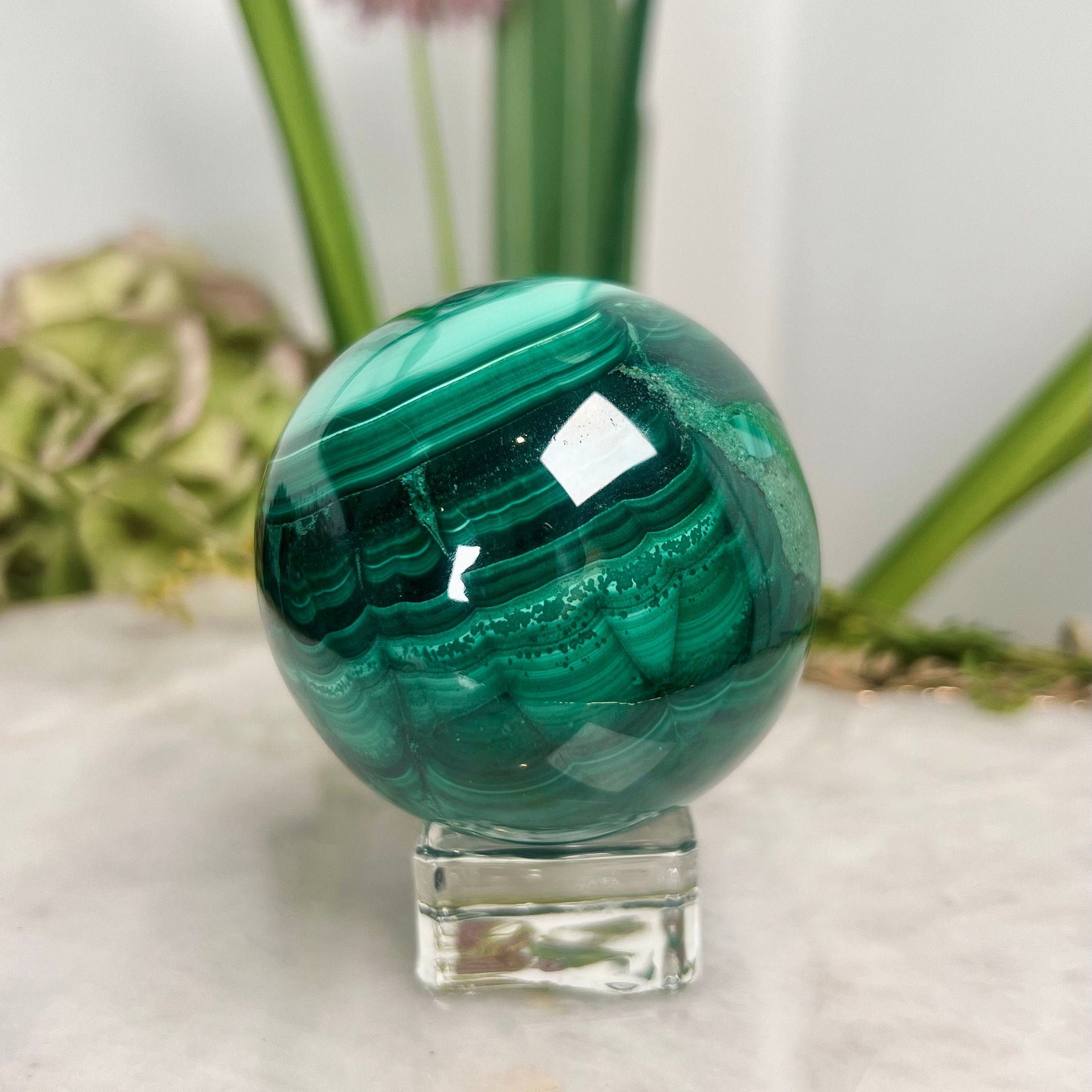 Grade AAA Natural  Malachite Sphere on Stand, Manifestation Crystal,Energy Clearing, Good Fortune, Stone for New Beginnings, 426g - MS06