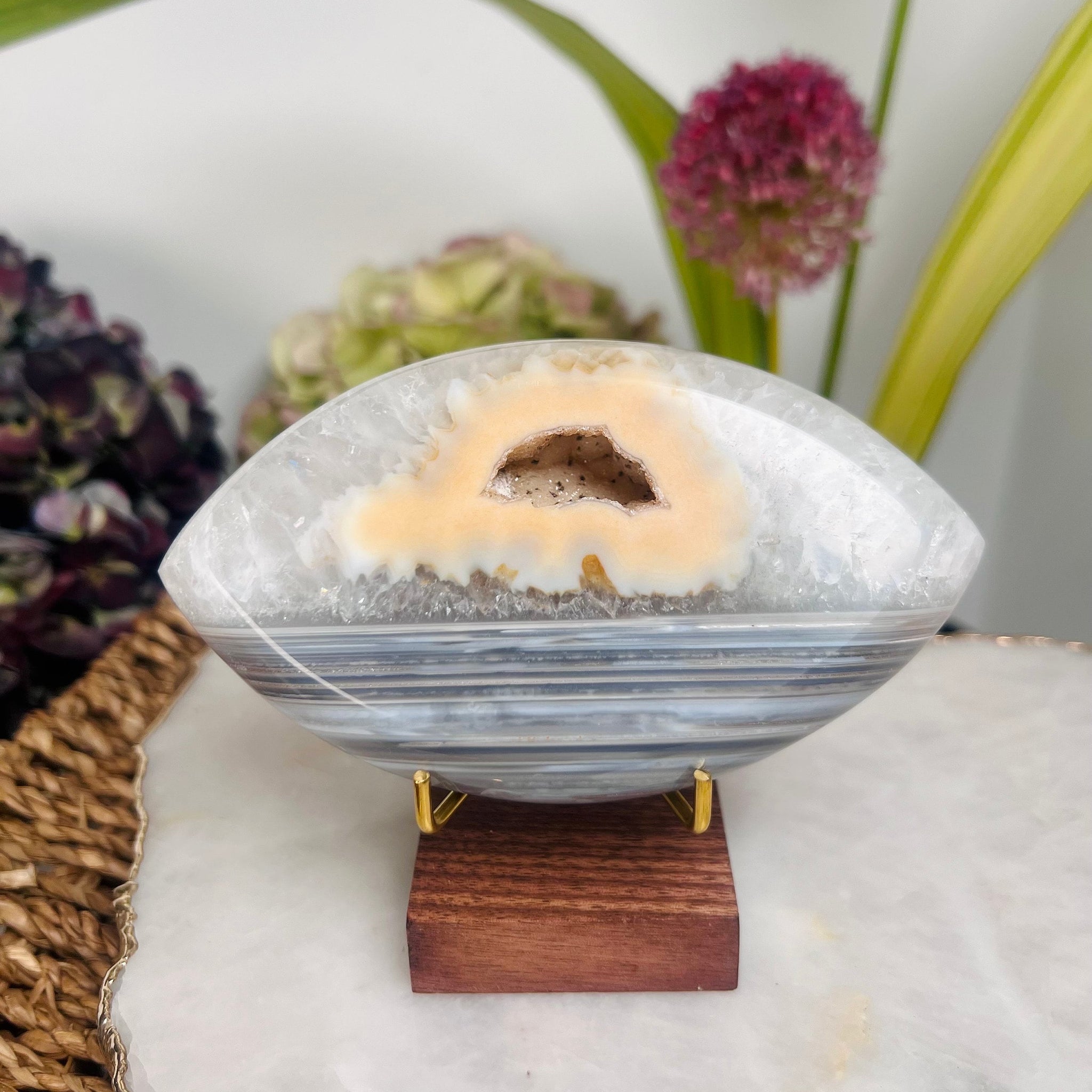 Grade AAA Brazilian Agate Quartz Eye with Druzy Geode on stand, Energy Protection, Third Eye Opening, Manifestation Crystal 295g
