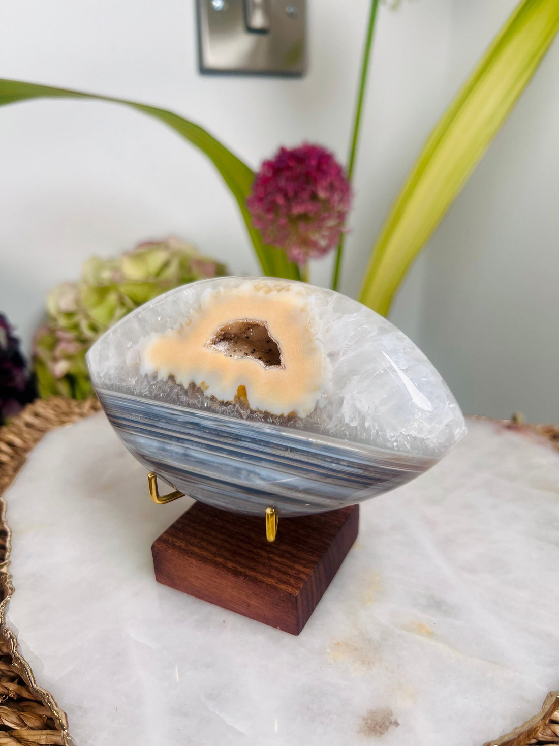 Grade AAA Brazilian Agate Quartz Eye with Druzy Geode on stand, Energy Protection, Third Eye Opening, Manifestation Crystal 295g
