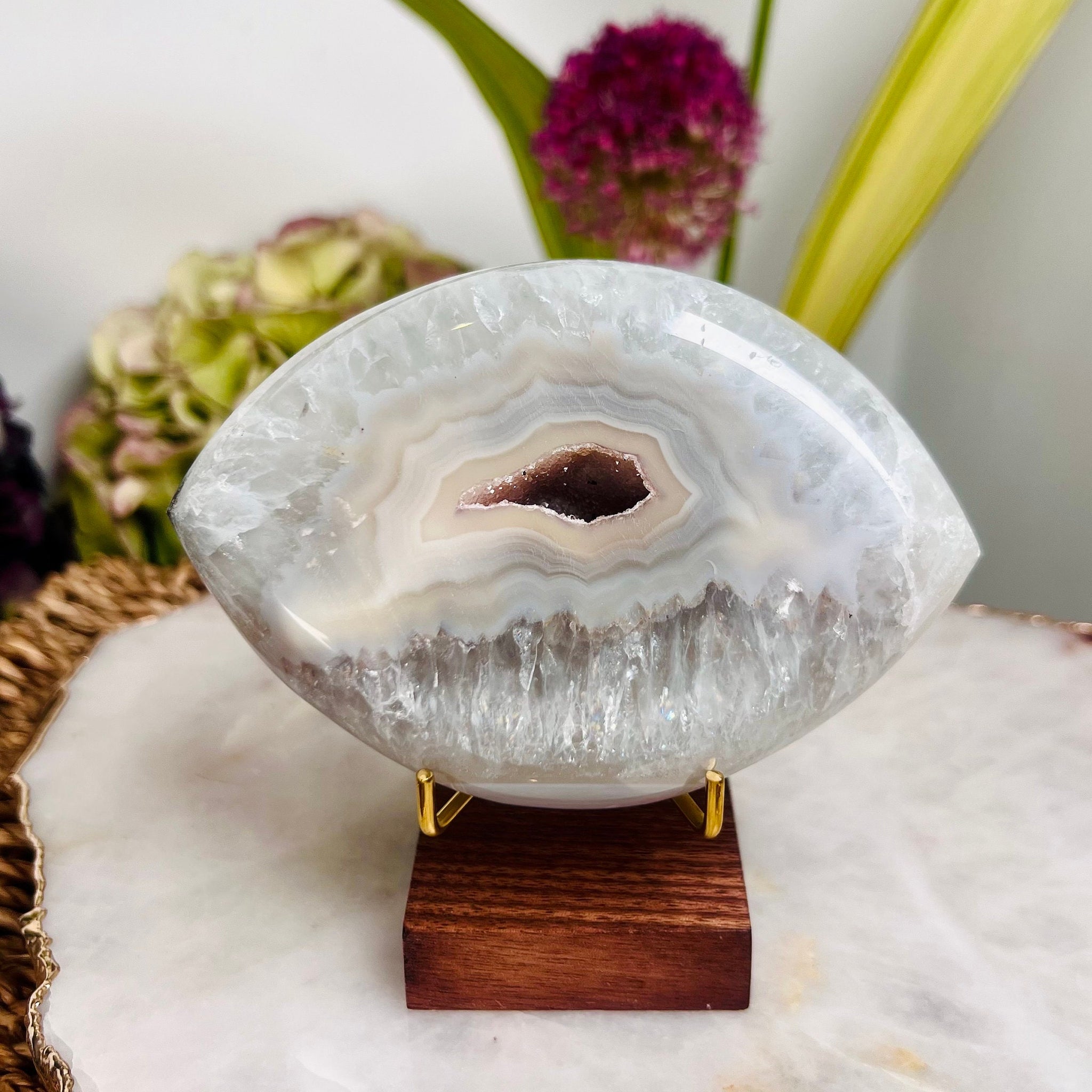 Grade AAA Brazilian Agate Quartz Eye with Druzy Geode on stand, Energy Protection, Third Eye Opening, Manifestation Crystal 379g