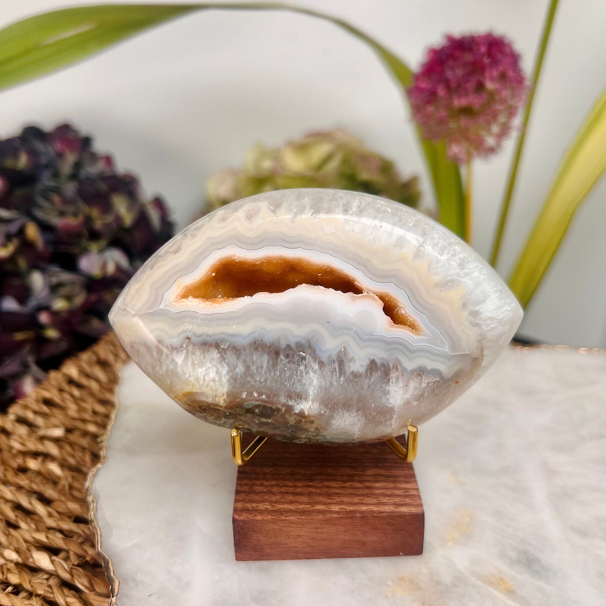 Grade AAA Brazilian Agate Quartz Eye with Druzy Geode on stand, Energy Protection, Third Eye Opening, Manifestation Crystal 278g