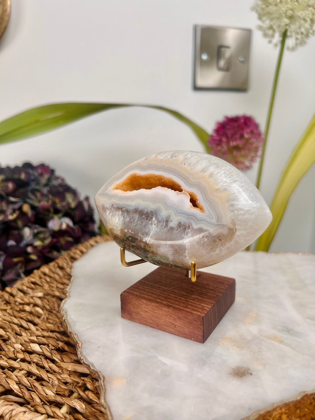 Grade AAA Brazilian Agate Quartz Eye with Druzy Geode on stand, Energy Protection, Third Eye Opening, Manifestation Crystal 278g