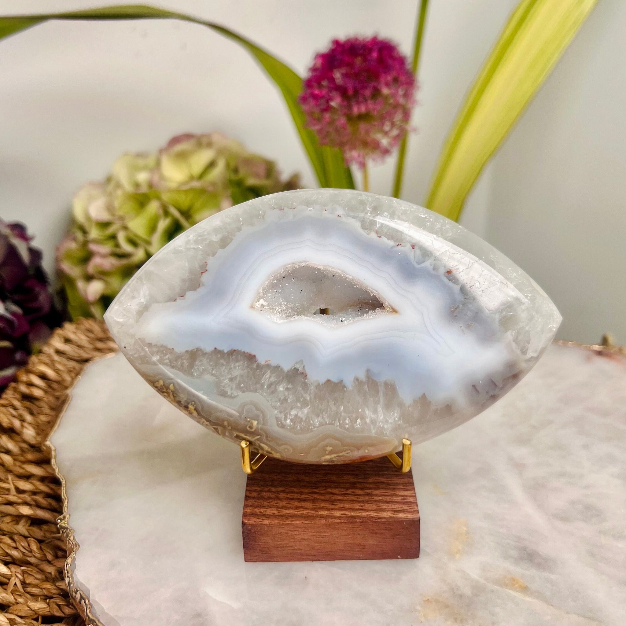 Grade AAA Brazilian Agate Quartz Eye with Druzy Geode on stand, Energy Protection, Third Eye Opening, Manifestation Crystal 301g