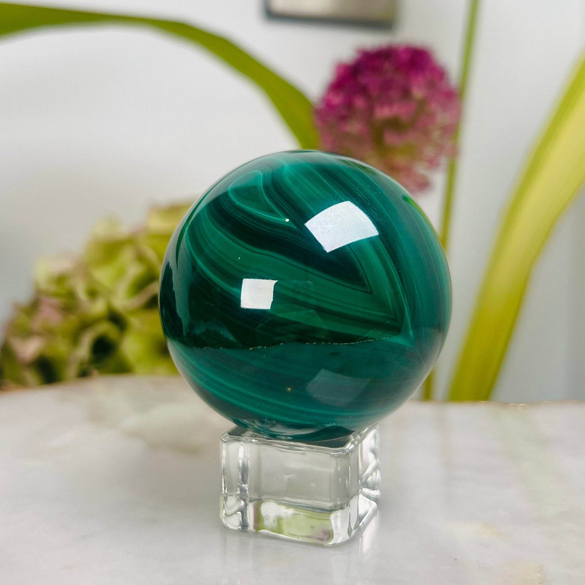 Grade AAA Natural  Malachite Sphere on Stand, Manifestation Crystal,Energy Clearing, Good Fortune, Stone for New Beginnings, 333g - MS10