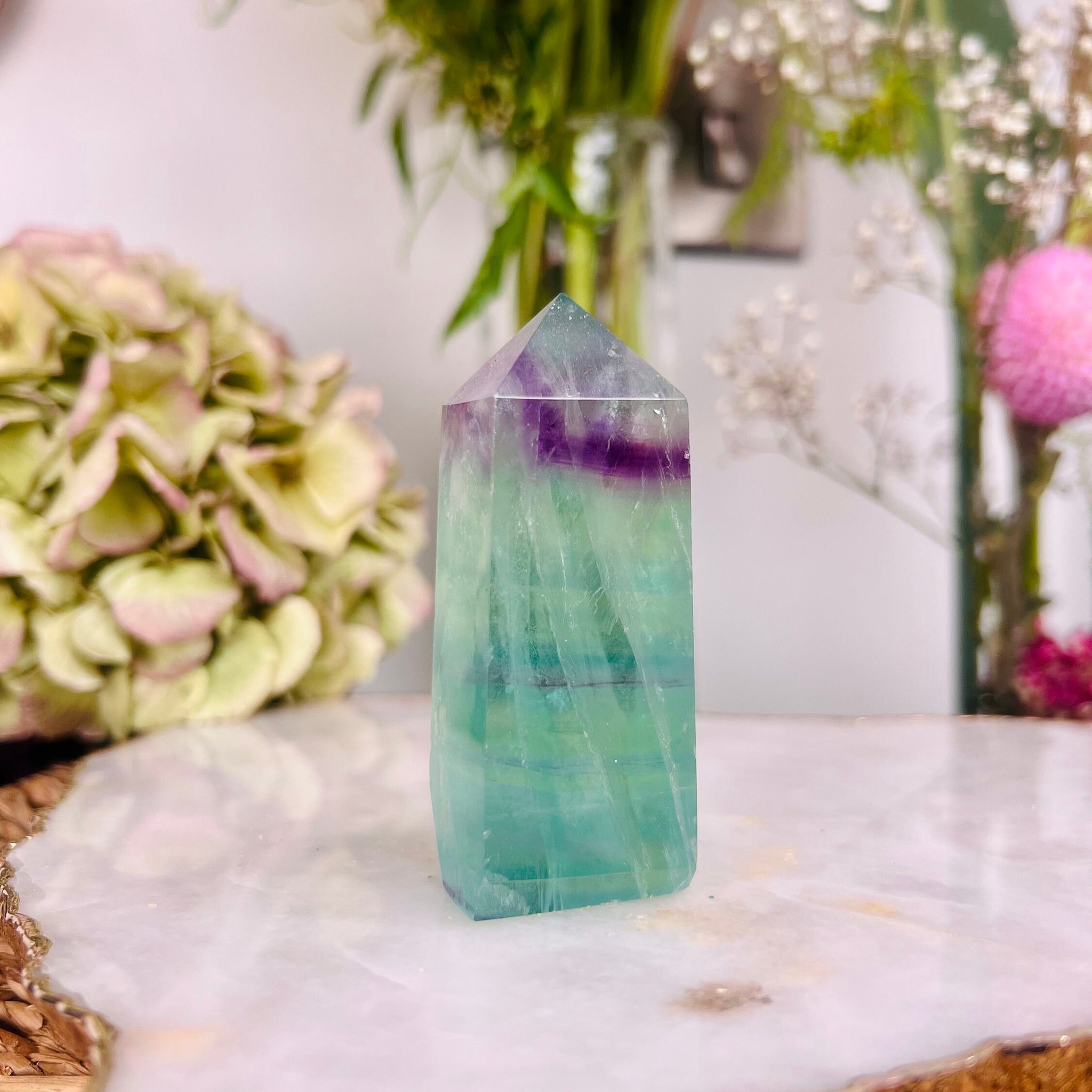 Grade AAA Rainbow Fluorite Tower, Green Purple Fluorite, Healing Crystal Home Decor 137g