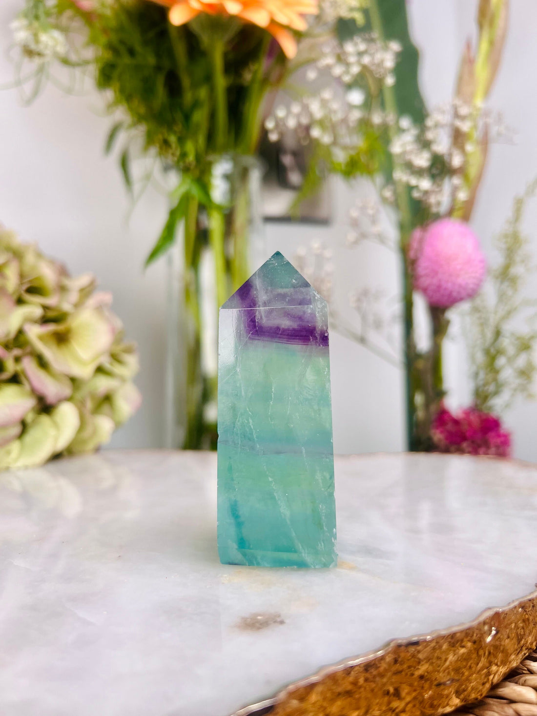 Grade AAA Rainbow Fluorite Tower, Green Purple Fluorite, Healing Crystal Home Decor 137g