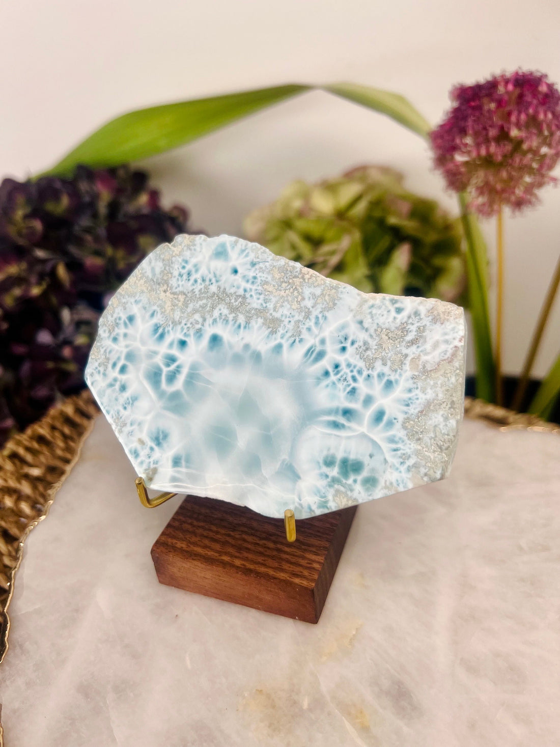 Grade AAA 100% Natural Larimar Polished Slab on Stand from Dominican Republic, Larimar Palmstone, Earth Healing Crystal 173g - LSL01