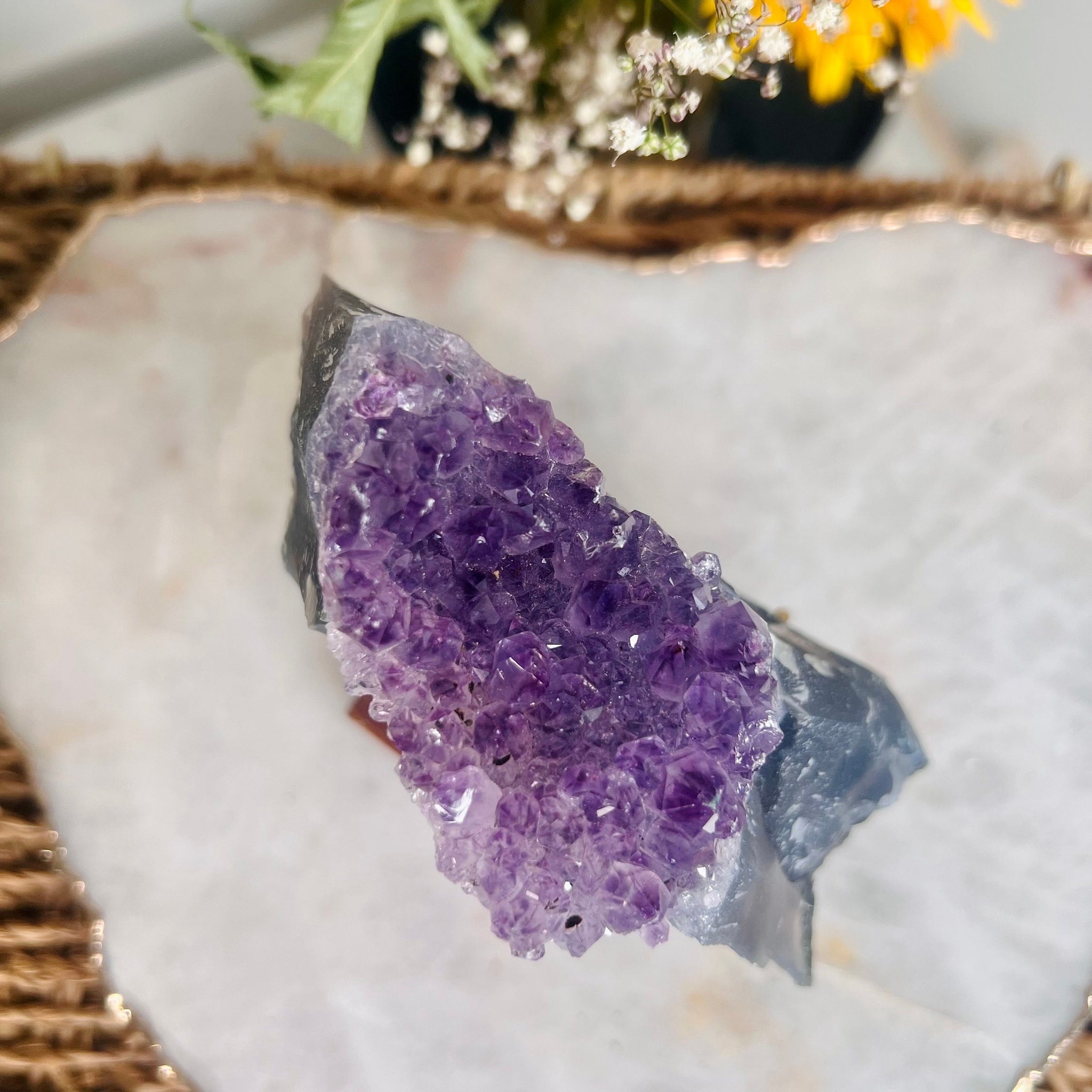 Natural Amethyst Cluster with Agate Base from Brazil 357g, Crystal Healing Home Decor AC04