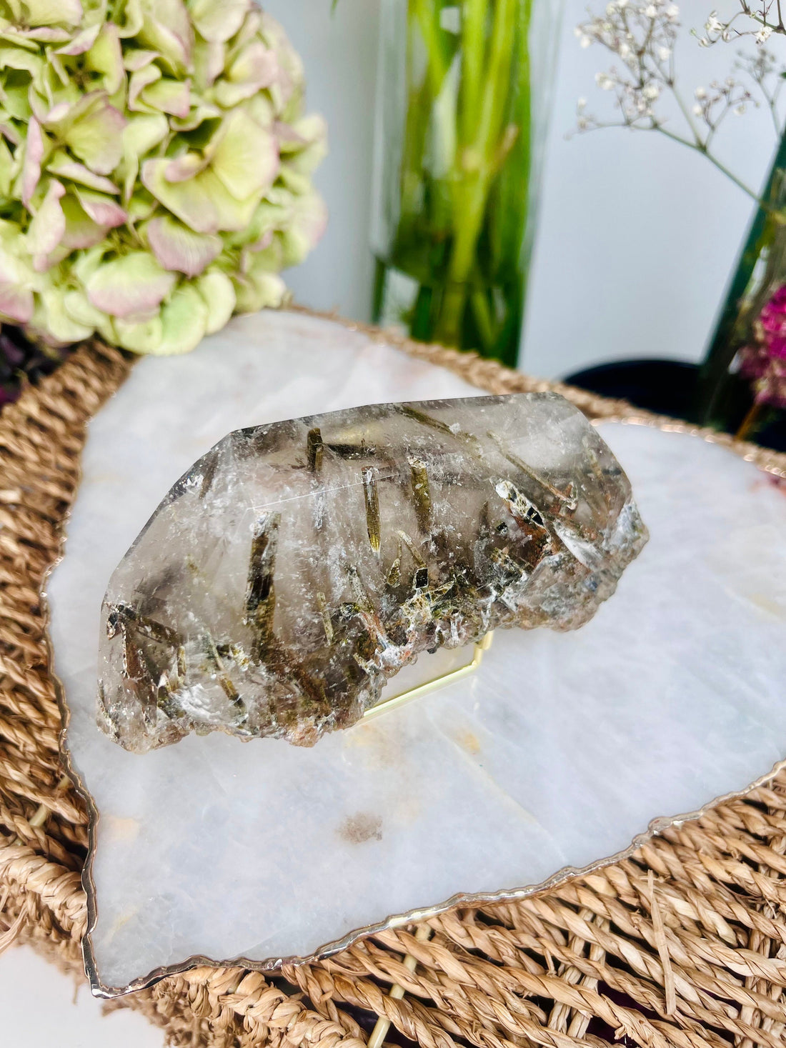 Grade AAA Natural Green Tourmaline  Specimen in Quartz, Earth Healing, Grounding, Good Fortune, Crystal healing home decor 352g