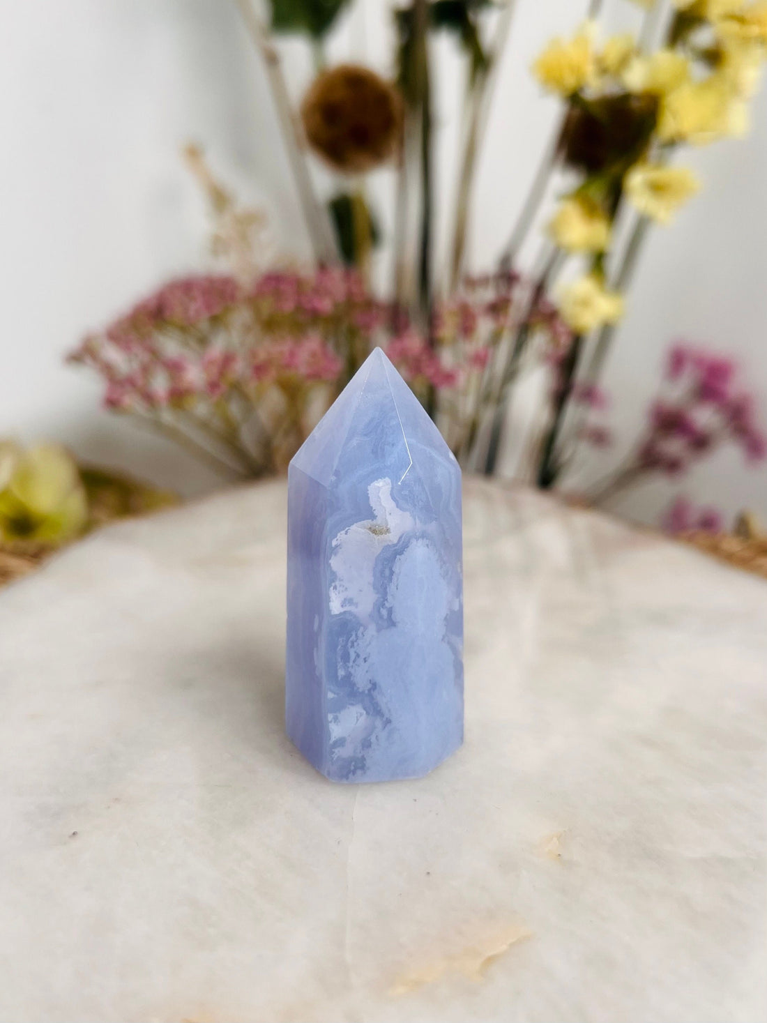 Grade AAA Natural Blue Lace Agate Tower from Namibia, Healing Crystal Home Decor 37g, Banded Chalcedony, Heart & Throat Chakra BLA17