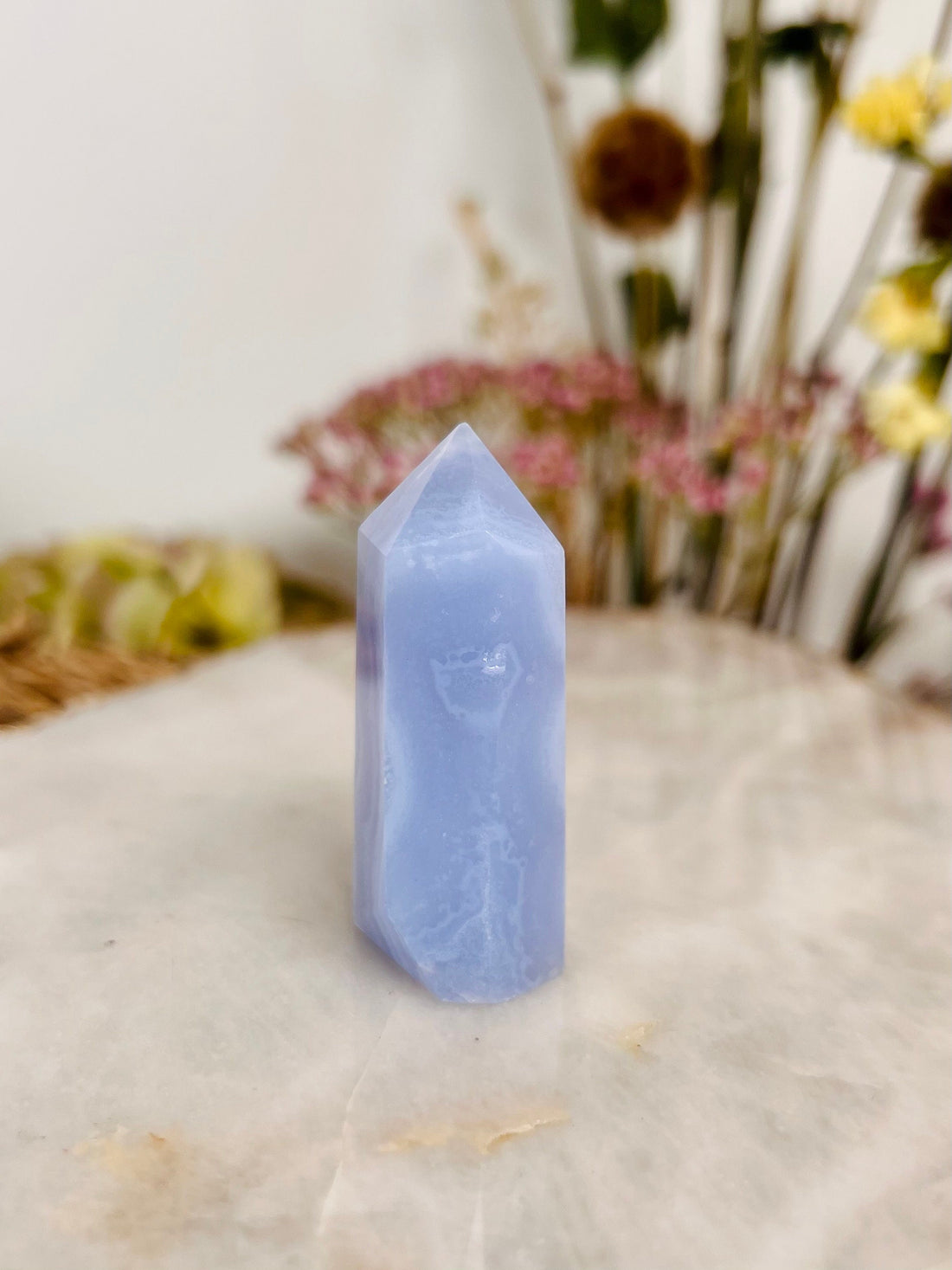 Grade AAA Natural Blue Lace Agate Tower from Namibia, Healing Crystal Home Decor 39g, Banded Chalcedony, Heart & Throat Chakra BLA18