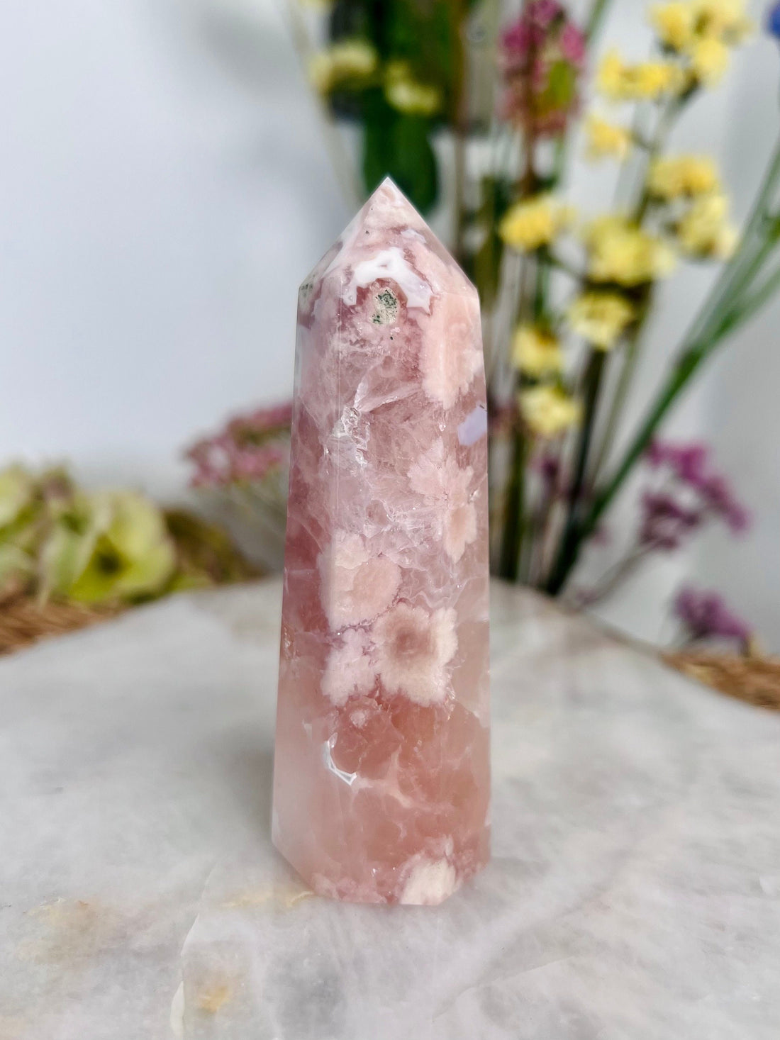 Grade AAA Natural Pink Flower Agate and Quartz Tower from Madagascar, Crystal Healing home decor, Manifestation Crystal 109g FAT01