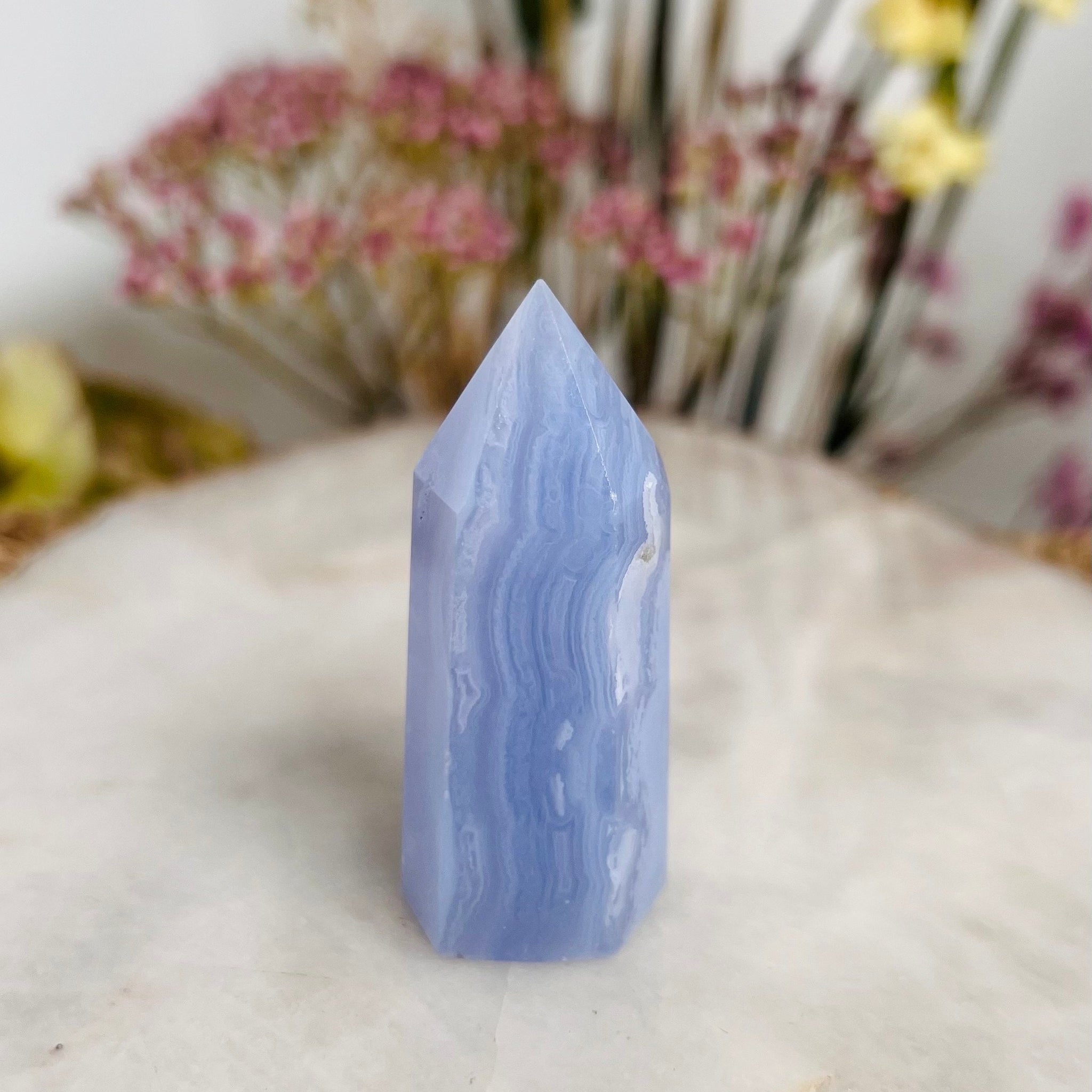 Grade AAA Natural Blue Lace Agate Tower from Namibia, Healing Crystal Home Decor 37g, Banded Chalcedony, Heart & Throat Chakra BLA17