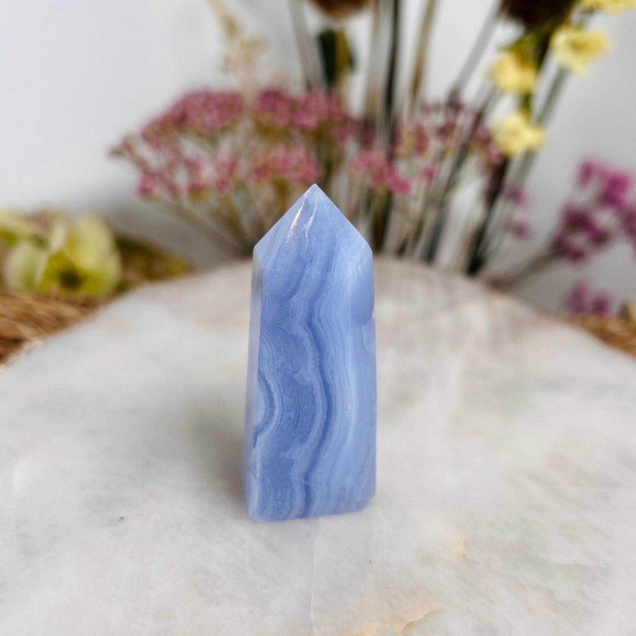 Grade AAA Natural Blue Lace Agate Tower from Namibia, Healing Crystal Home Decor 39g, Banded Chalcedony, Heart & Throat Chakra BLA18