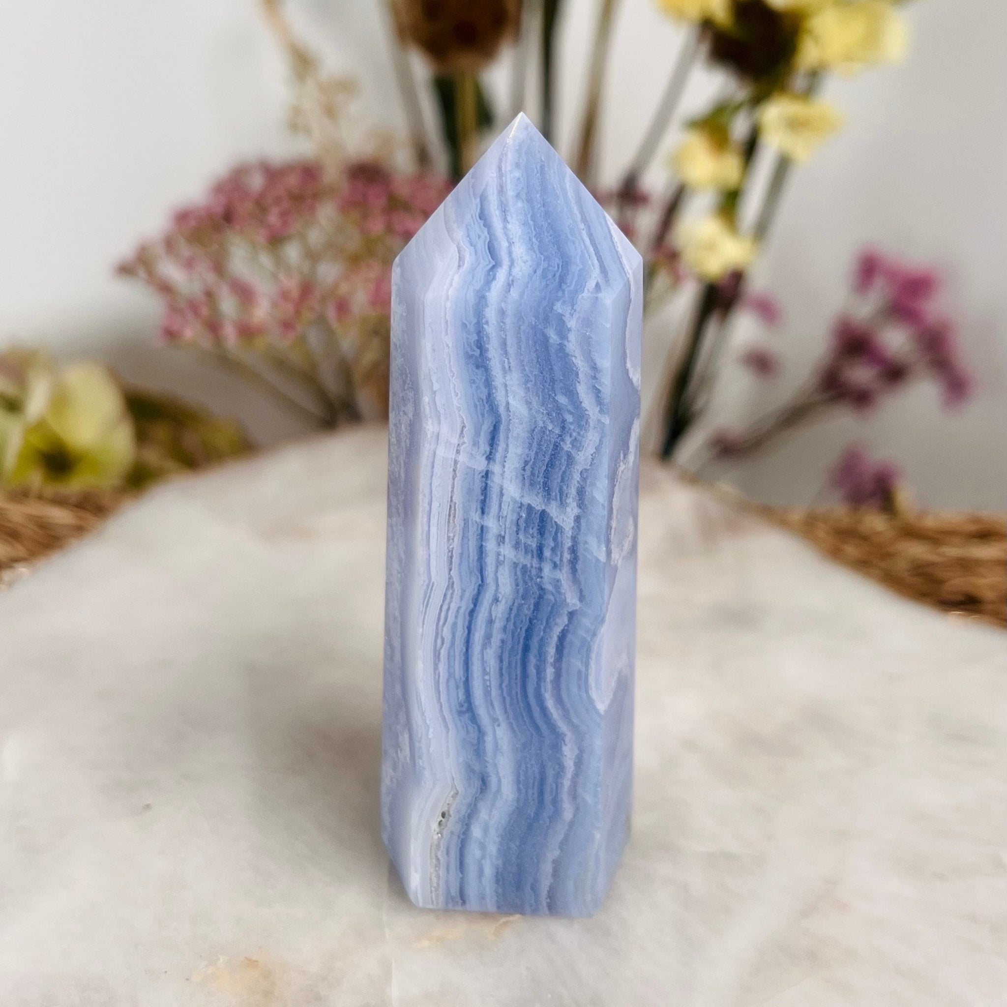 Grade AAA Natural Blue Lace Agate Tower from Namibia, Healing Crystal Home Decor 120g, BLA19 Discounted for minor imperfection