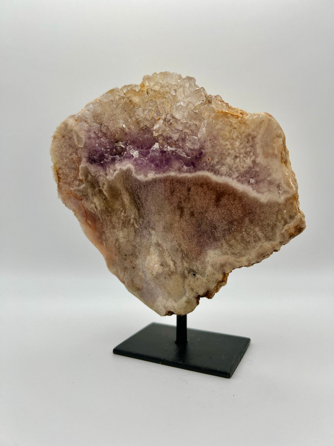Super Extra Quality Natural Pink Amethyst Slab with Amethyst Quartz Geode on Stand, Red Hematite Inclusion 0.8kg