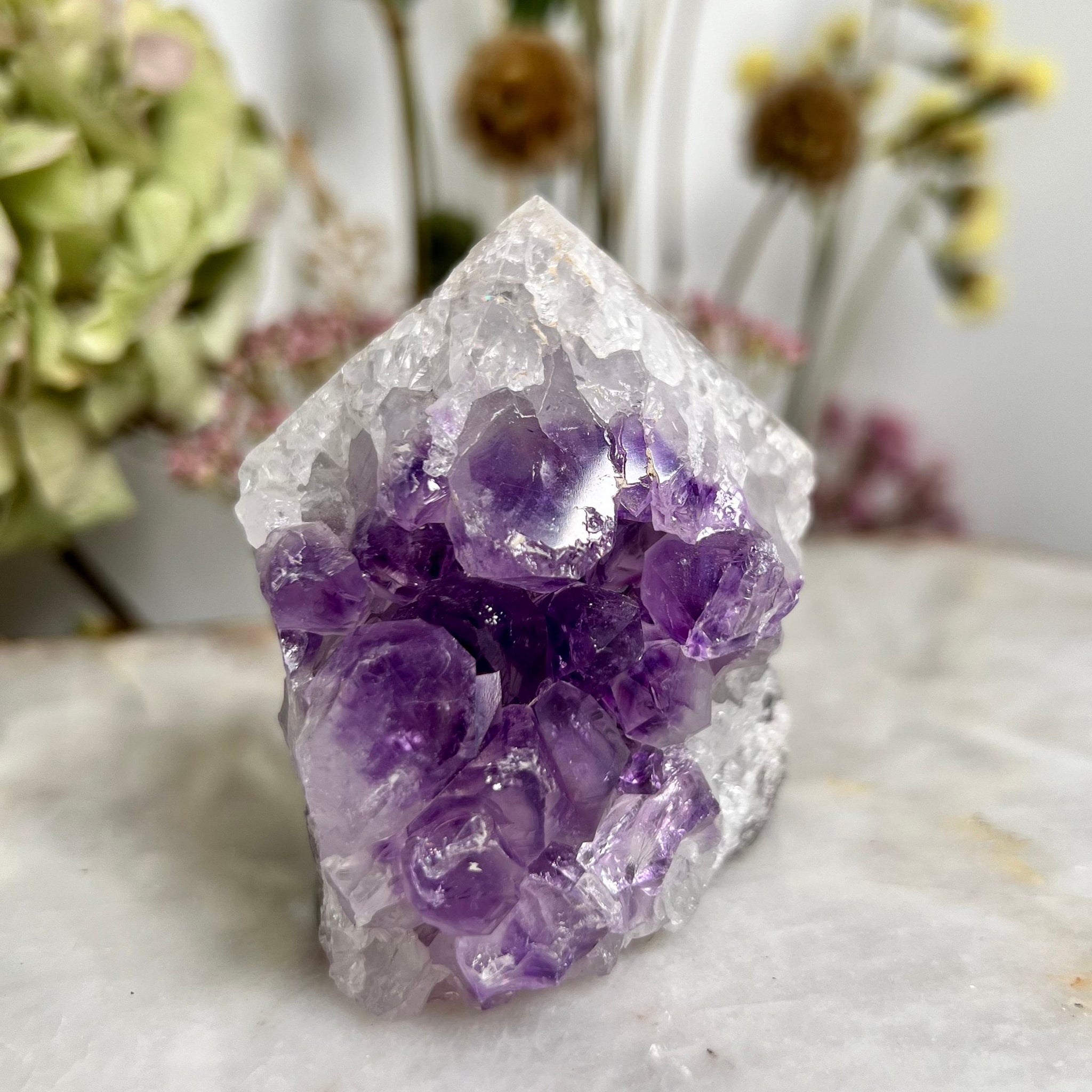 Natural Brazilian Amethyst Geode Cutbase Tower, crystal healing home decor 294g ACT10