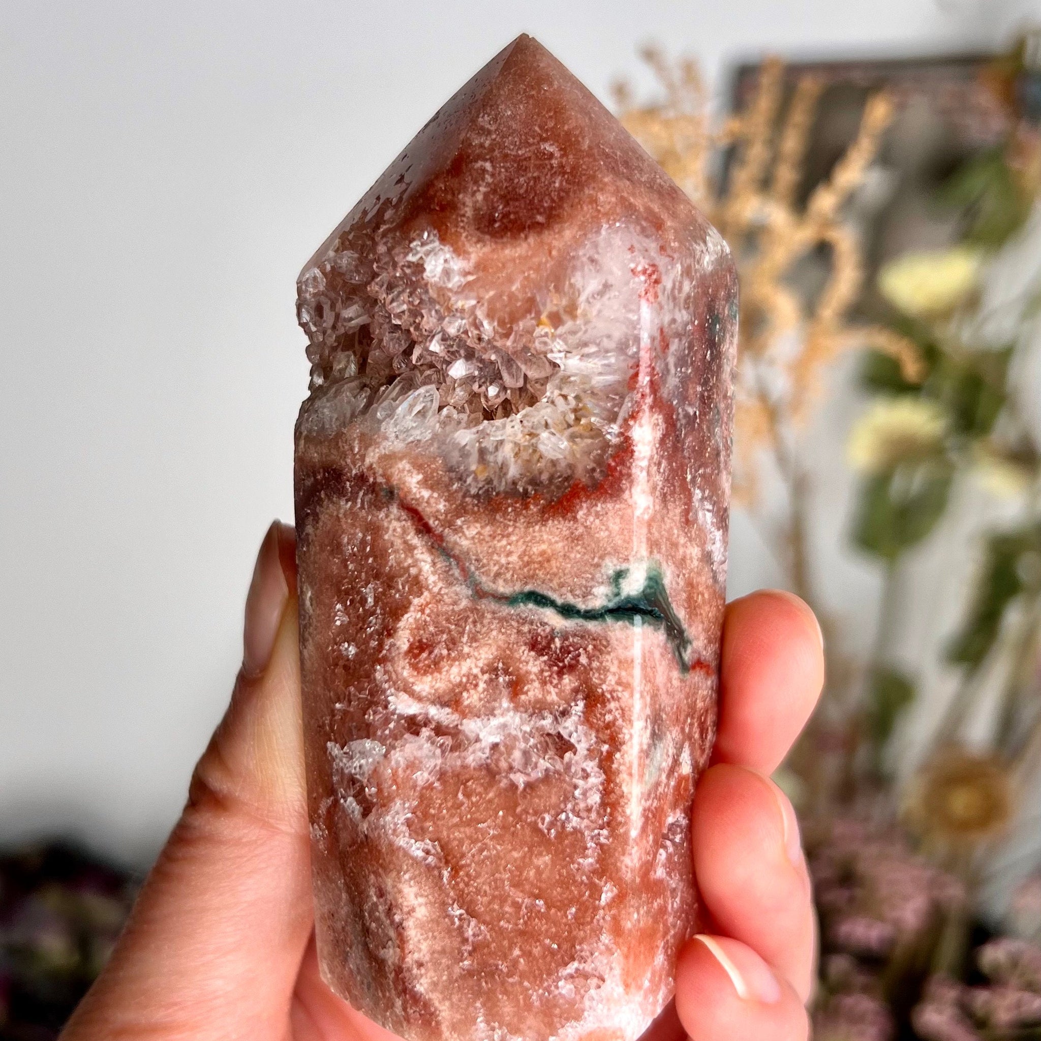 Grade AAA Pink Amethyst Tower with Druzy Geode and Green Jasper - Soothing Energy & Divine Femininity 203g PET06