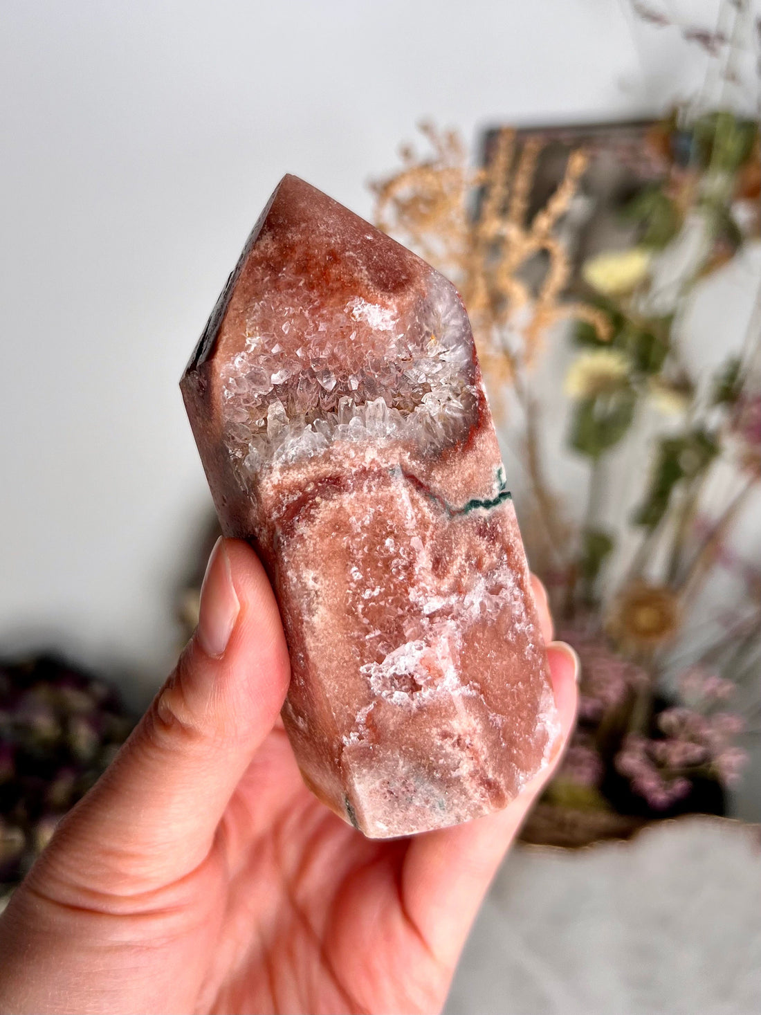 Grade AAA Pink Amethyst Tower with Druzy Geode and Green Jasper - Soothing Energy & Divine Femininity 203g PET06