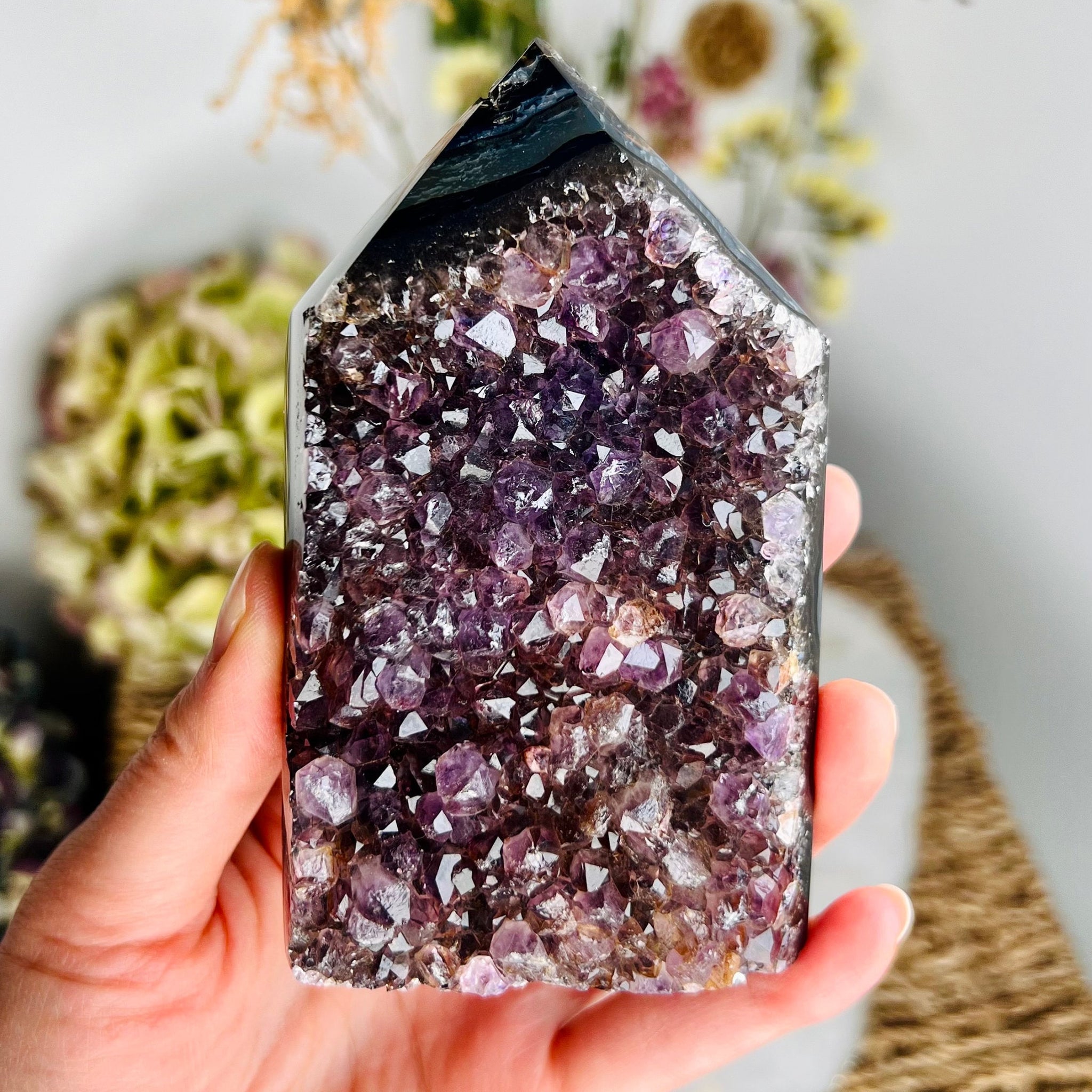 Grade AA Brazilian Amethyst Geode Tower with Agate, Crystal Healing Home Decord, Wealth Attraction and Protective Fengshui EAT12 317g