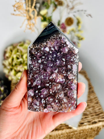 Grade AA Brazilian Amethyst Geode Tower with Agate, Crystal Healing Home Decord, Wealth Attraction and Protective Fengshui EAT12 317g